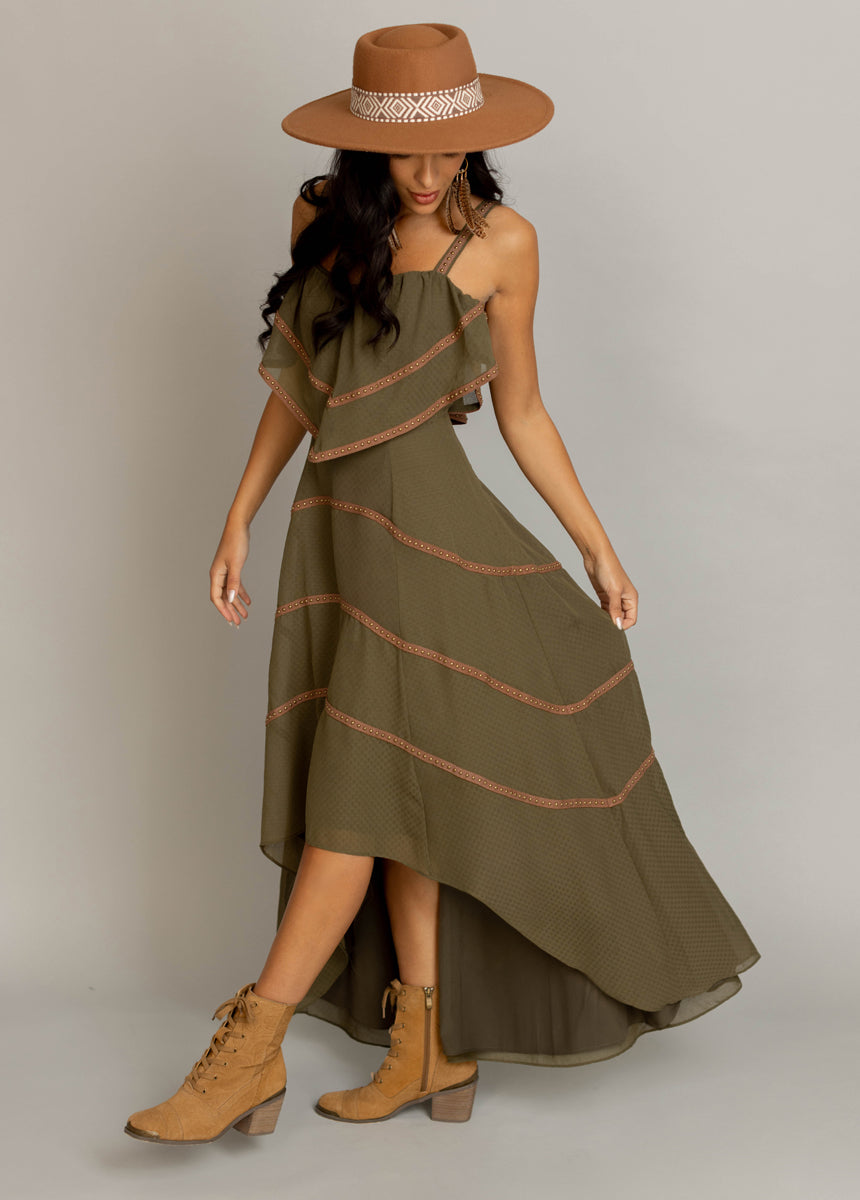 Brianda Olive Green Dress for Women - Elegant Flowy Midi Dress for Casual Wear, Date Night & Summer Outfits
