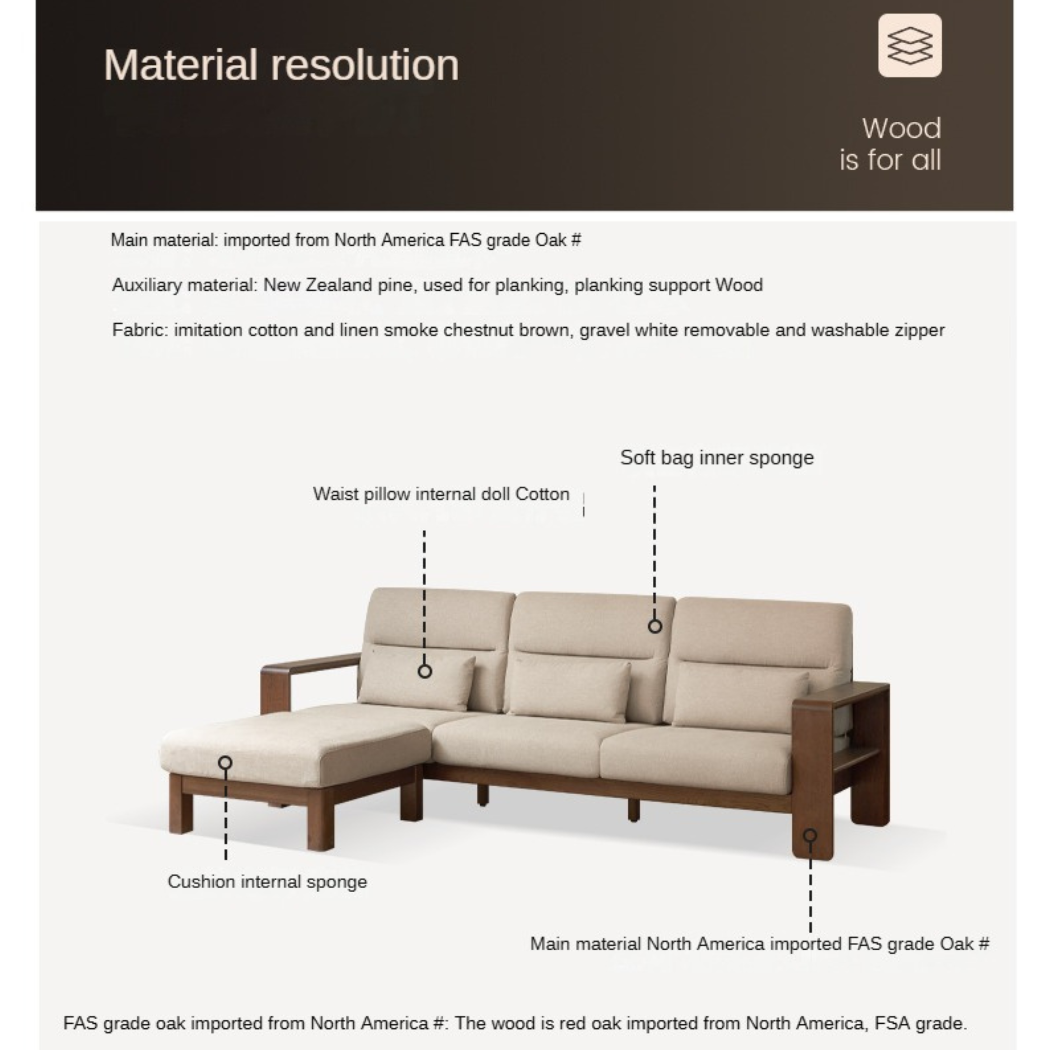 Oak Solid Wood High Back Fabric Corner Sofa - Modern L-Shaped Sectional Couch for Living Room, Lounge & Family Room Comfort