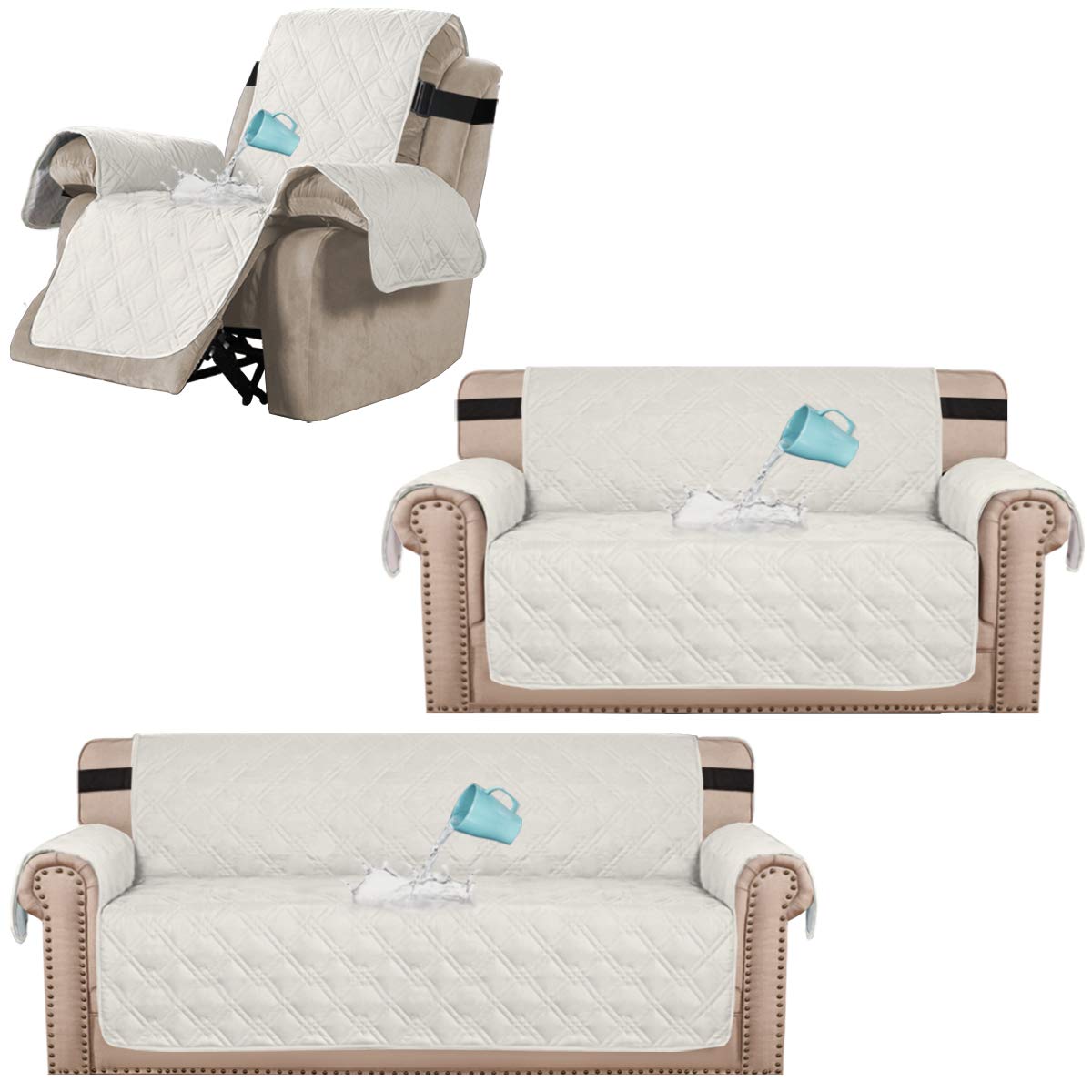 H.VERSAILTEX 100% Waterproof Quilted Sofa Cover & Loveseat Cover Set - Oversized Recliner Slipcover Protector for Pets, Kids & Spills - Perfect for Living Room, Family Room & Home Decor