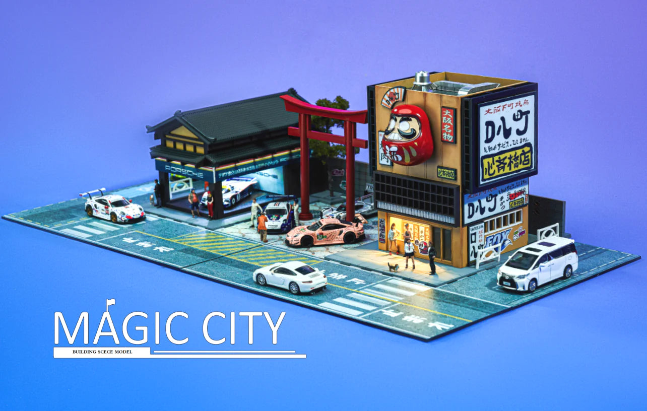 1:64 Scale Porsche Showroom & Yakiniku Restaurant Model - Perfect for Car Collectors, Diorama Displays, and Miniature Scenes