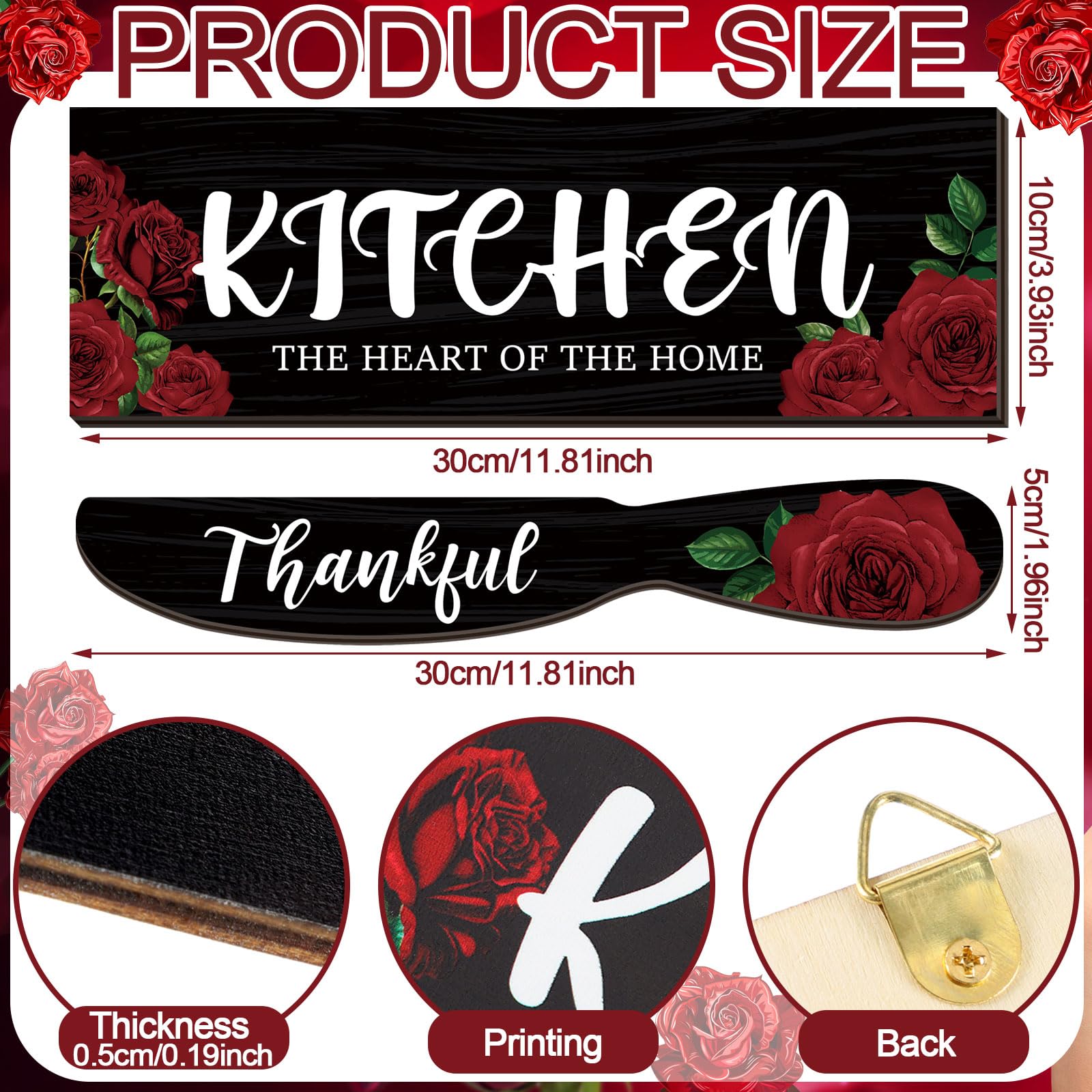 4 Pcs Red Rose Kitchen Wall Decor Set - Rustic Farmhouse Wooden Fork & Spoon for Wedding & Home Decor
