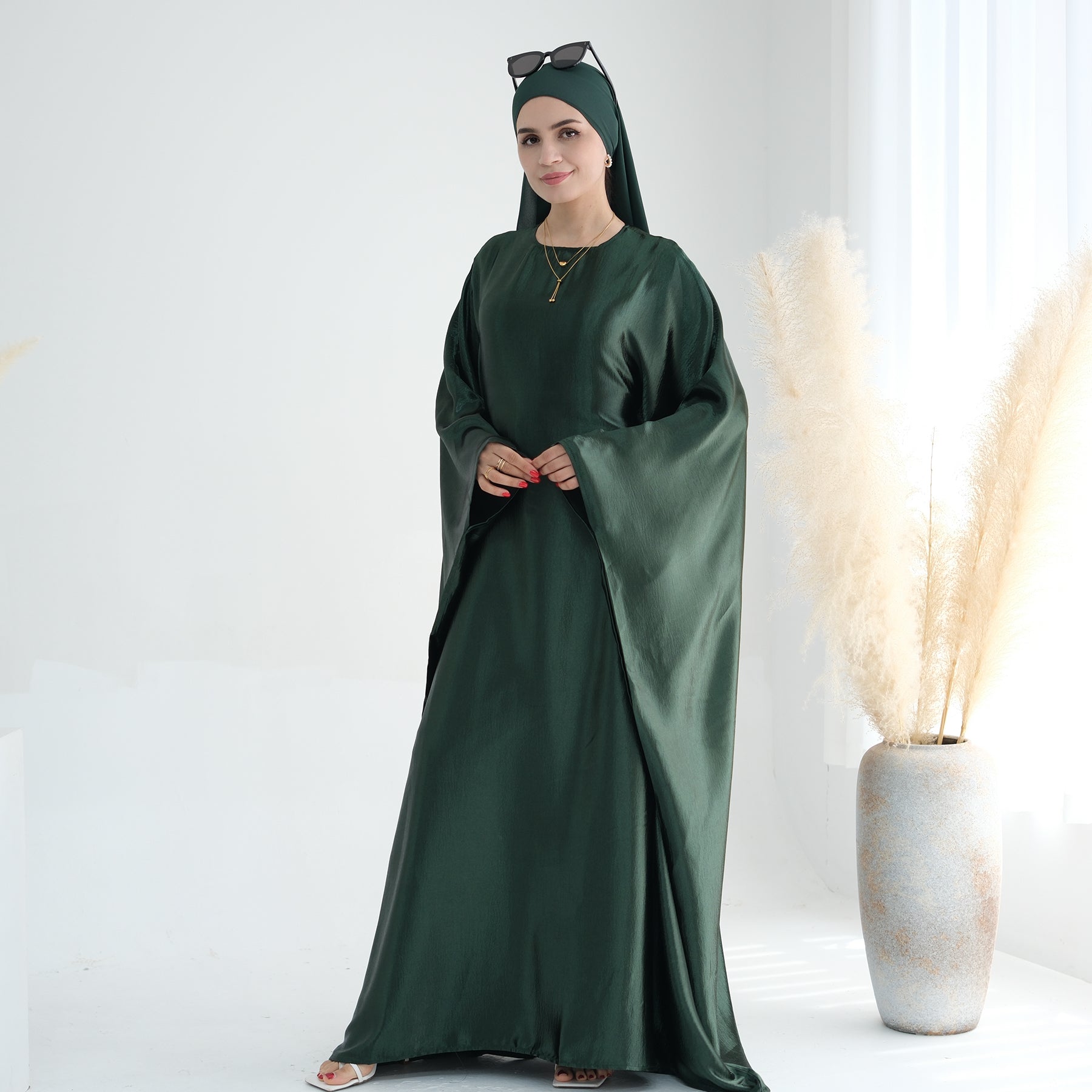 Elegant Alisha Butterfly Satin Abaya Dress for Women - Modest Islamic Prayer Gown - Perfect for Eid, Ramadan, and Special Occasions