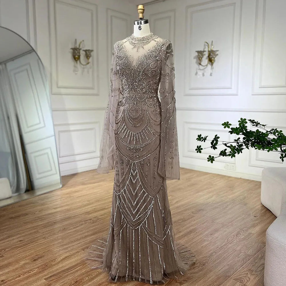 Elegant Dubai Gray Mermaid Beaded Lace Arabic Luxury Evening Dress for Women - Wedding, Party & Special Occasions | LA72517 | 2025 Collection