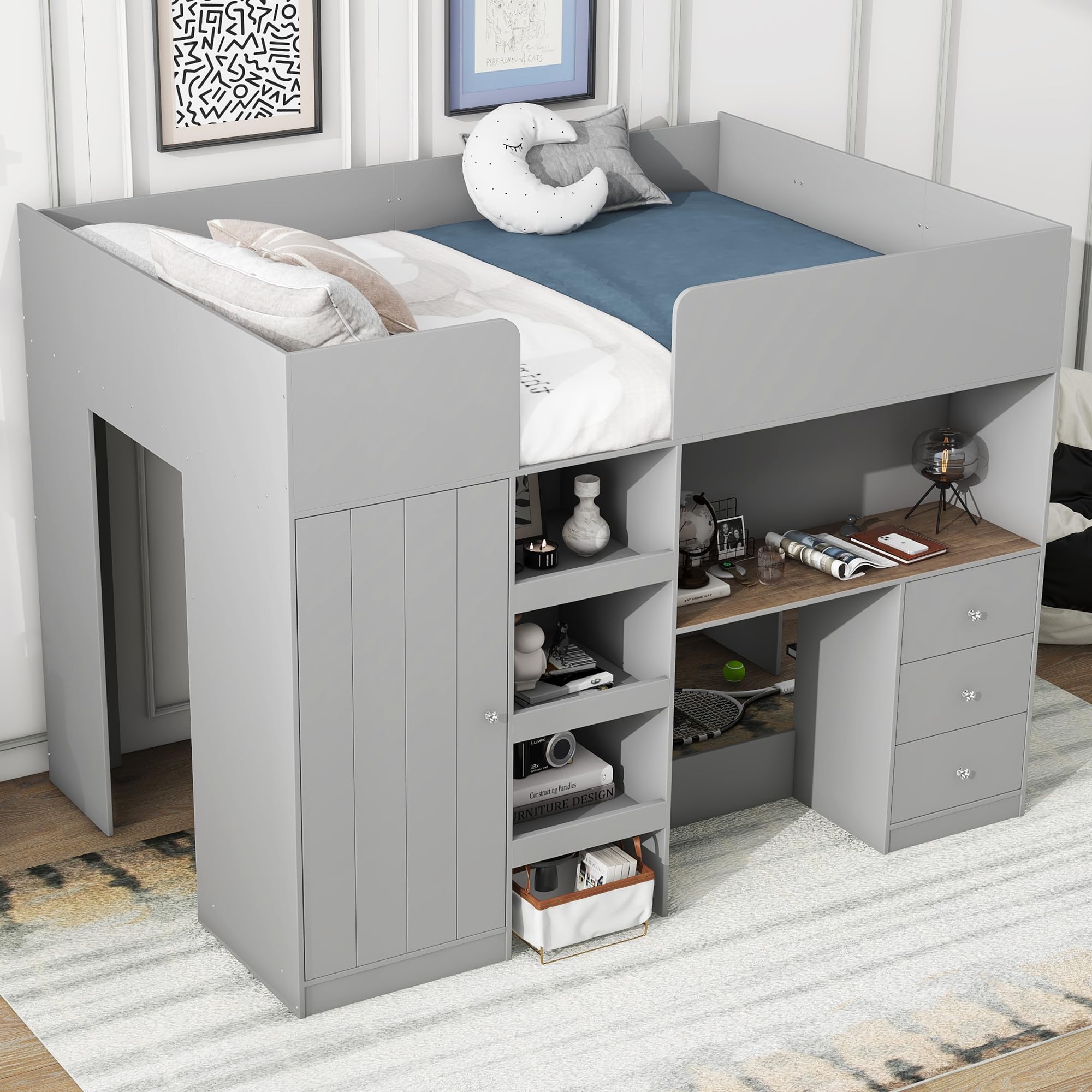 Full Size Loft Bed with Built-in Wardrobe & Desk - Sturdy Wooden Bed Frame with Storage Shelves & Drawers - Space Saving Kids Bedroom Furniture for Boys, Girls & Teens - Easy Assembly - Grey - Perfect for Small Rooms, Dormitories & Shared Spaces