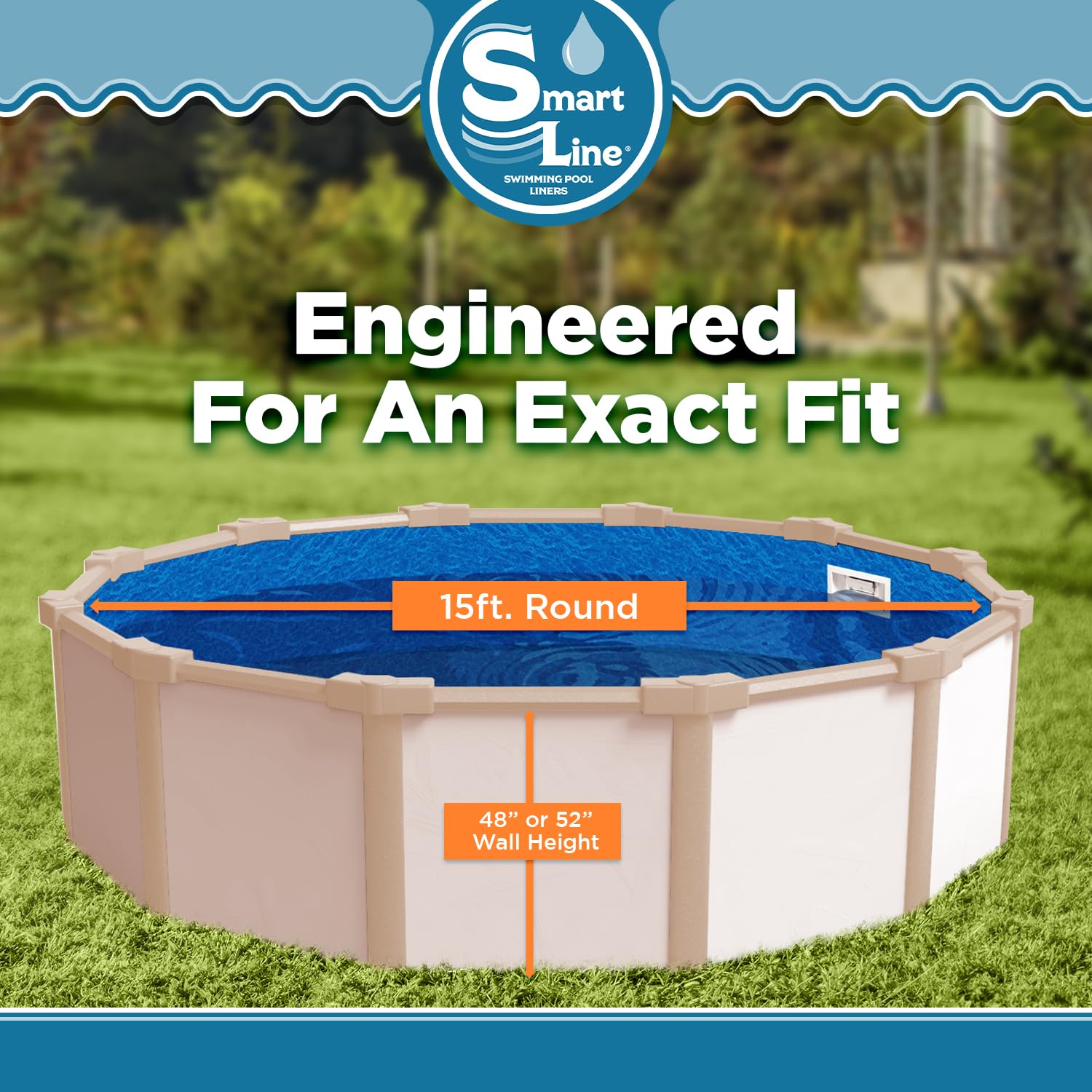 Smartline 15 ft Round Swimming Pool Liner - Pacific Ice Overlap Style for Steel Sided Above Ground Pools | 48-52 Inch Wall Height | 25 Gauge Heavy Duty Virgin Vinyl | Perfect for Backyard Summer Fun, Family Gatherings & Outdoor Relaxation