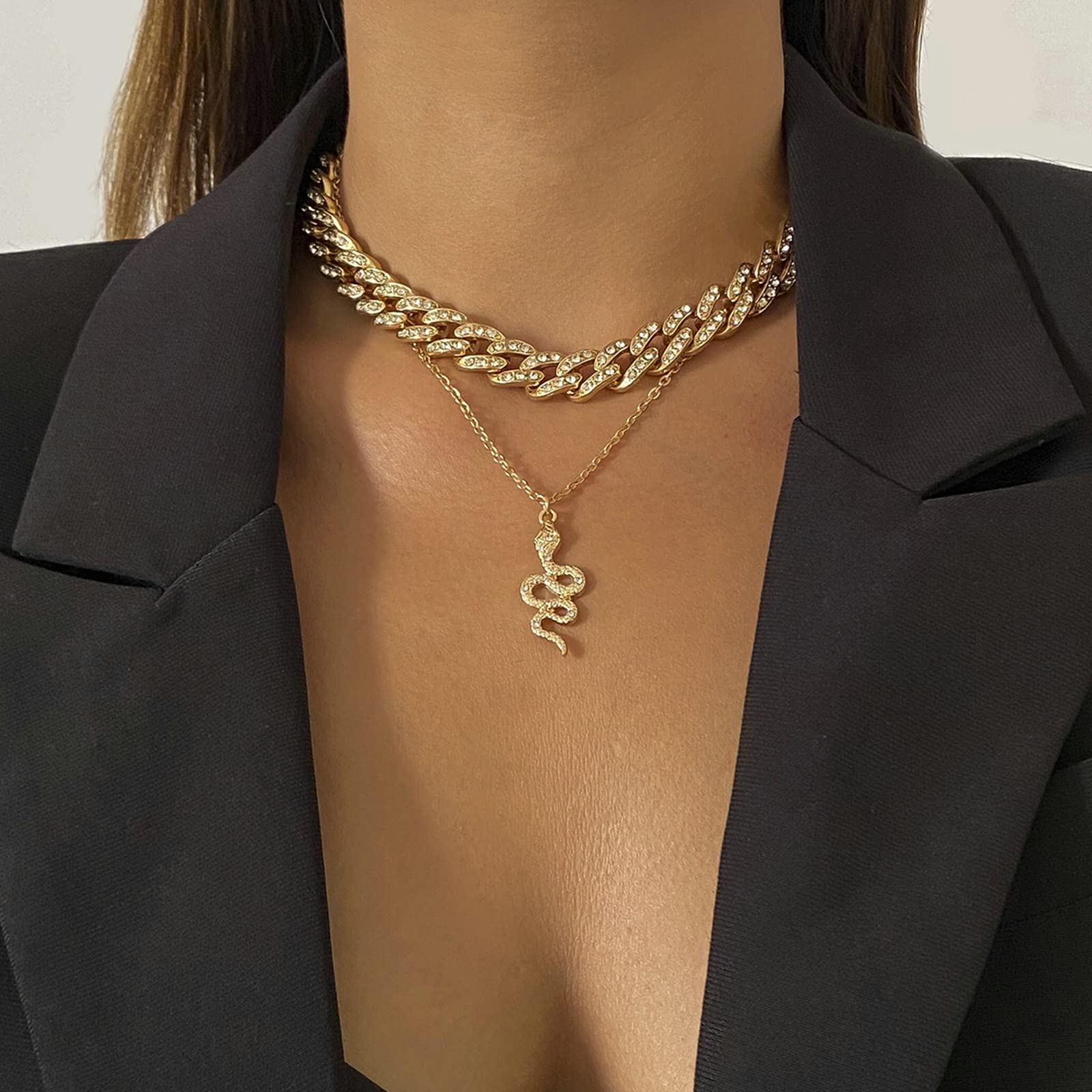 CZ Snake Pendant Layered Choker Necklace for Women | 2-Layer Gold Cuban Chain Necklace Set with Cubic Zirconia | Perfect for Parties, Date Nights & Everyday Wear