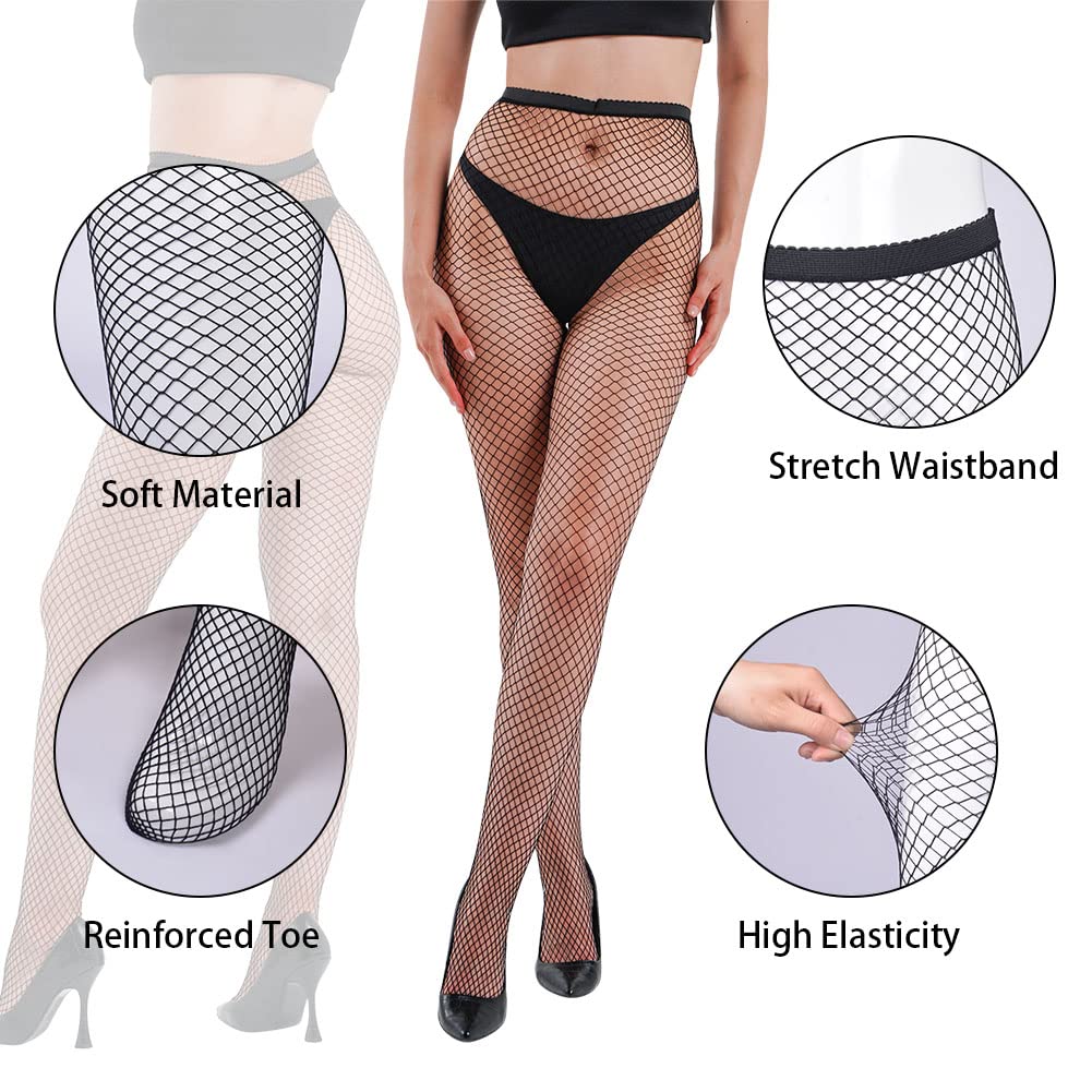 Aomig 4 PCS Black Fishnet Tights for Women - Sexy High Waist Pantyhose Stockings with Suspender, One Size Fits All - Perfect for Halloween, Cosplay, Burlesque & Night Out Outfits