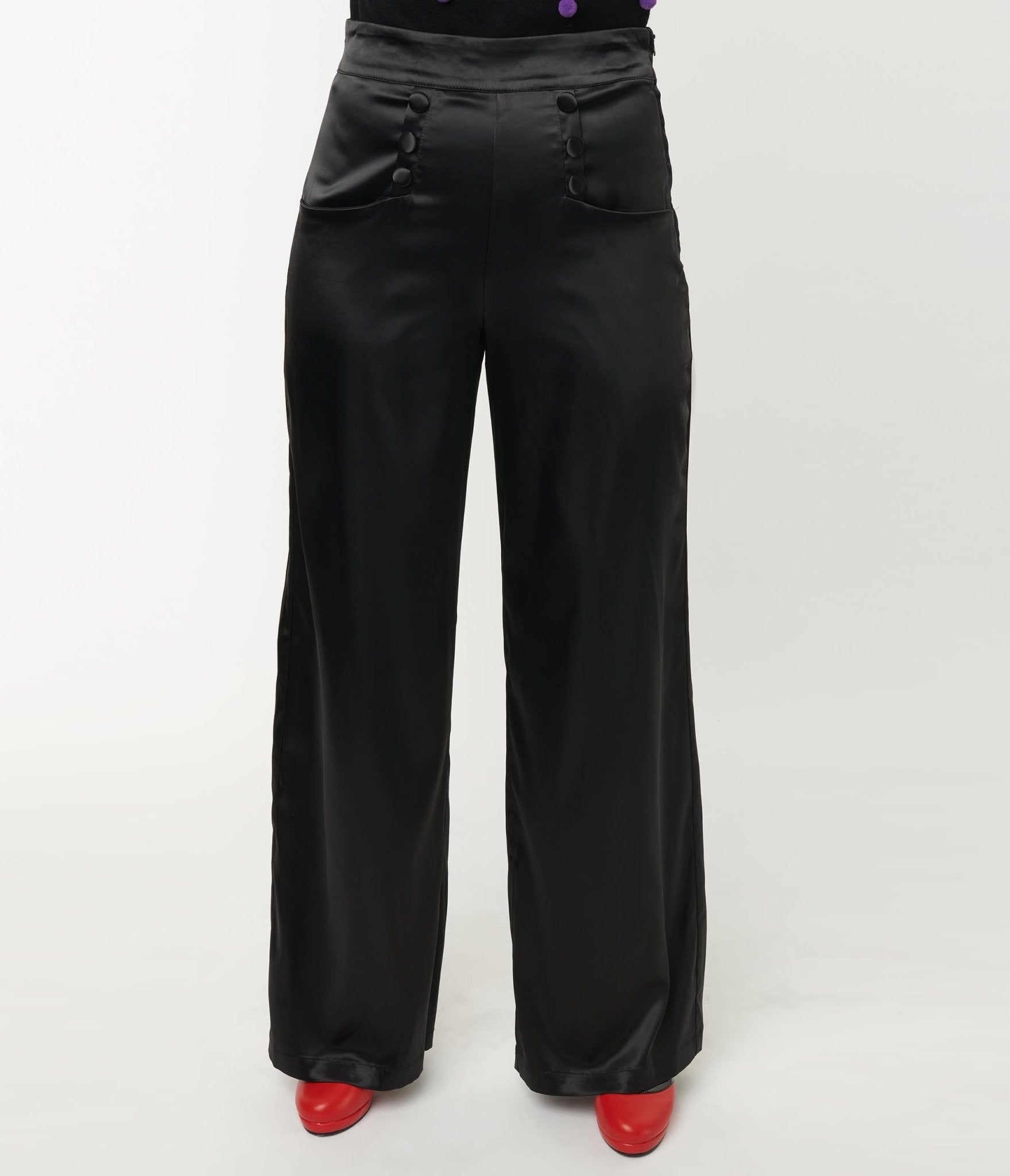 Vintage 1940s Black Satin High Waist Ginger Pants - Retro Women's Trousers for Cosplay, Swing Dance & 1940s Fashion Outfits