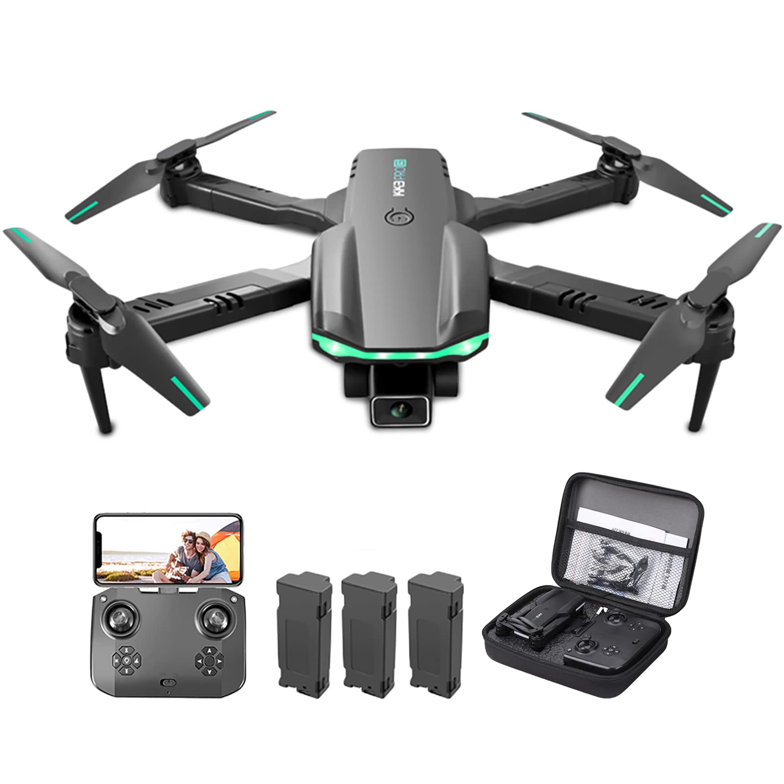 AIZHIYI 2.4GHz 4K HD Folding RC Drone with Single Camera, 3 Batteries & LED Lights - Perfect for Aerial Photography, Outdoor Adventures and Kids Gifts
