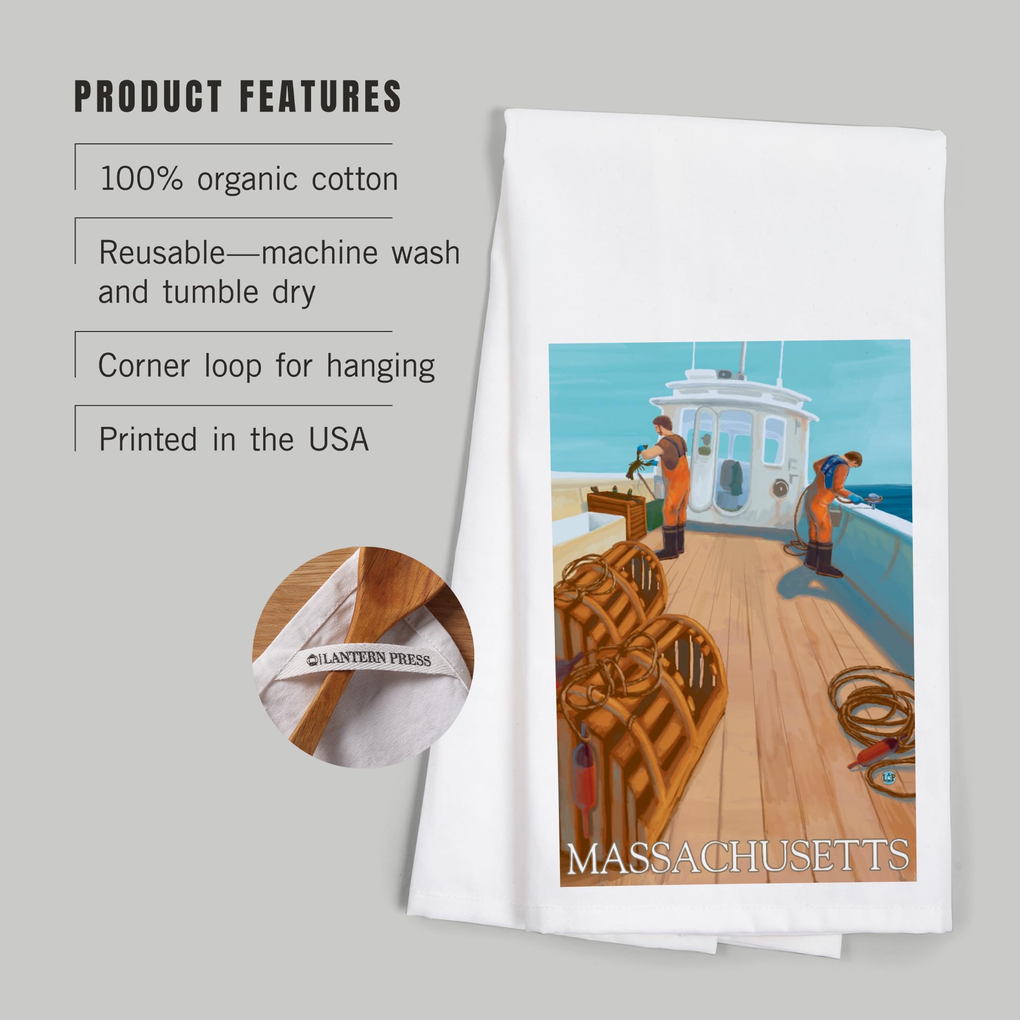 Massachusetts Lobster Fishing 100% Cotton Tea Towel - Decorative Hand Towel for Kitchen & Home - Perfect for Cooking, Dish Drying & Coastal Themed Decor