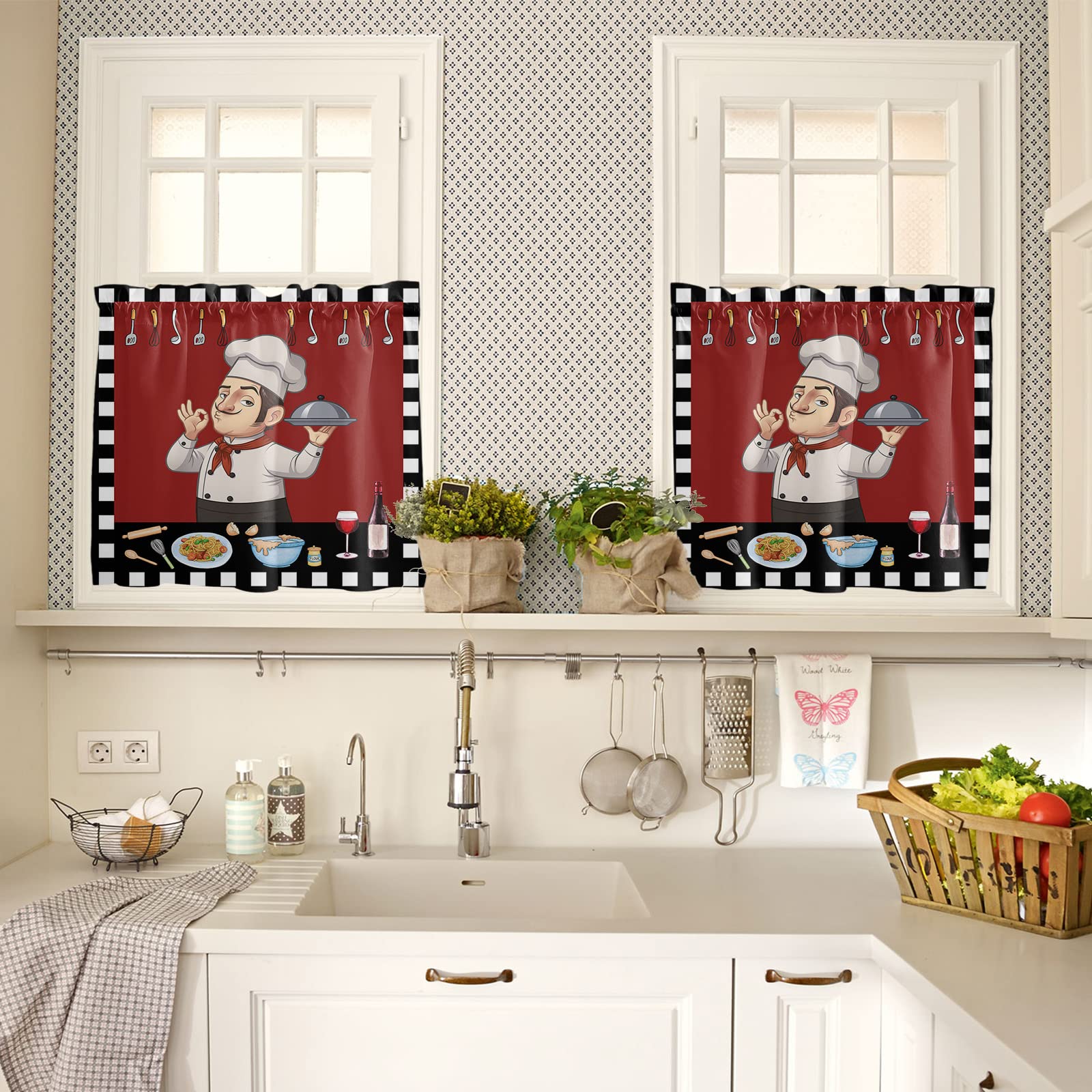 3-Piece Kitchen Curtain Set with Rod Pocket - Funny Chef & Kitchenware Design, Red Small Window Valance with Black & White Check Border - Perfect for Farmhouse, Cafe, or Home Kitchen Decor