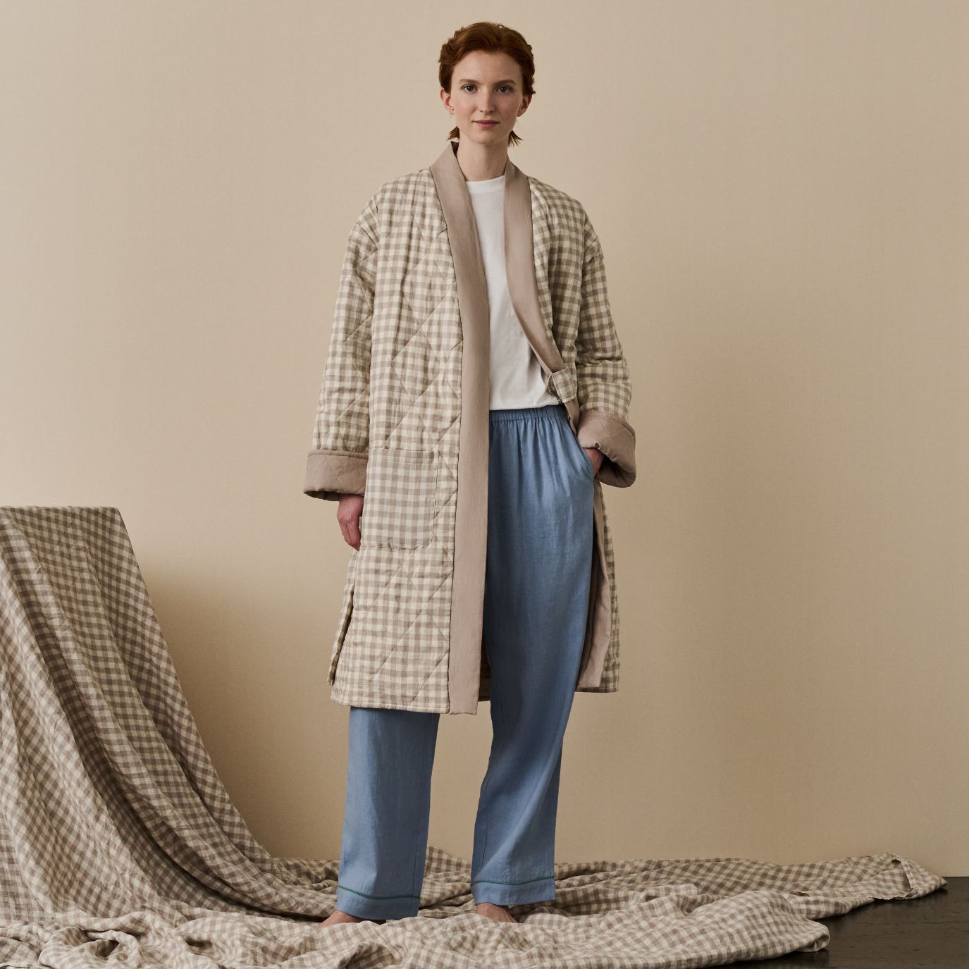 Mushroom Gingham Linen Housecoat - Soft & Breathable Women's Robe for Lounge, Spa & Relaxation at Home