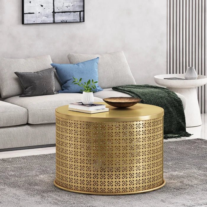 Handmade Brass Metal Conversion Table - Vintage Embossed Round Coffee Table for Living Room, Lounge & Office Decor
