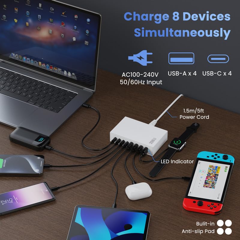 200W GaN III USB C Fast Charger Block - 8-in-1 PD Charging Station with 65W Laptop Charger - Compatible with MacBook Pro/Air, Dell XPS, iPhone 16/15/14, iPad, Galaxy S24 - Portable Travel Charger Hub (White) | Perfect for Home, Office & Travel Charging Needs