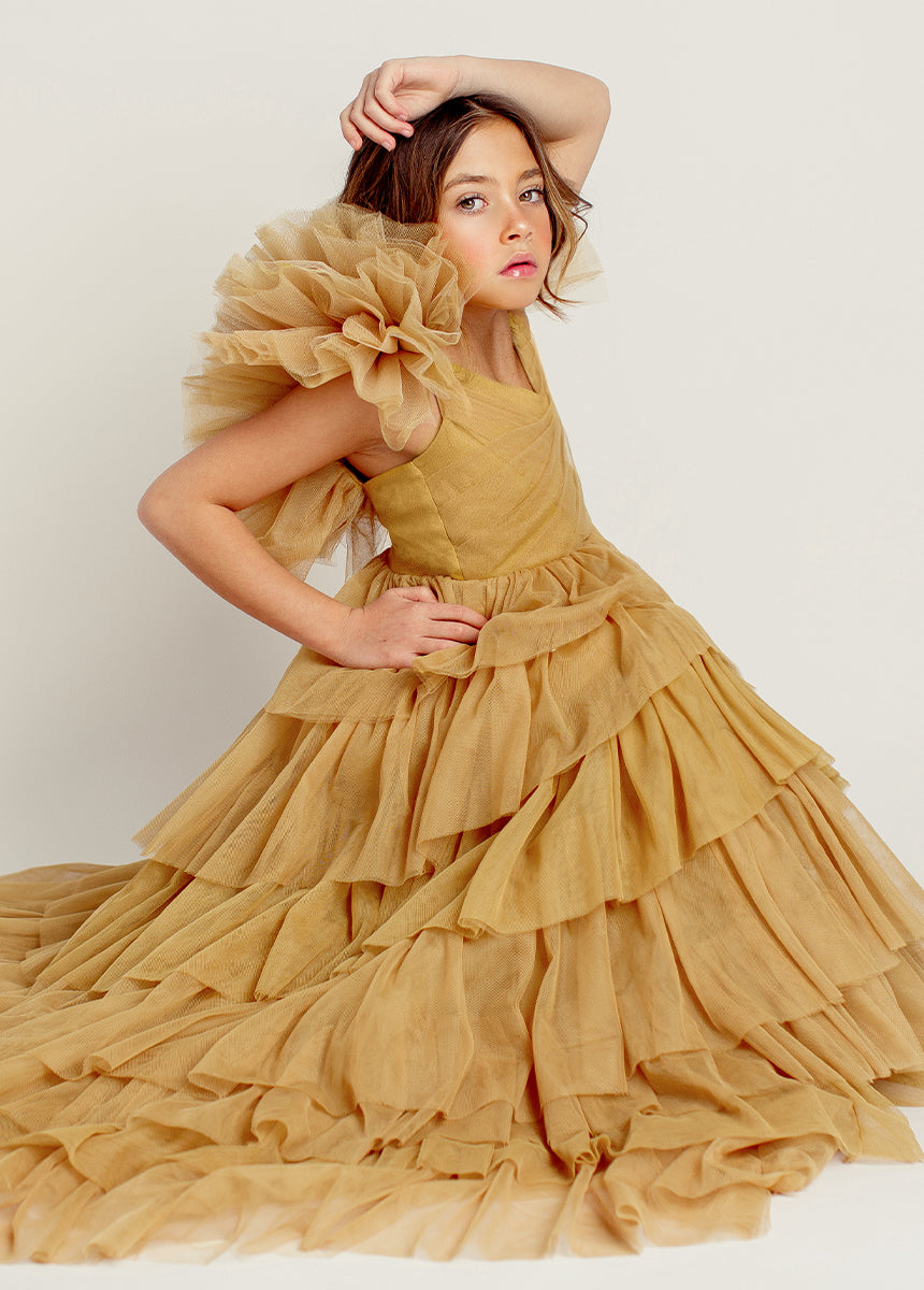 Briony Impact Dress in Butterscotch - Elegant A-Line Midi Dress for Women | Perfect for Weddings, Parties & Special Occasions