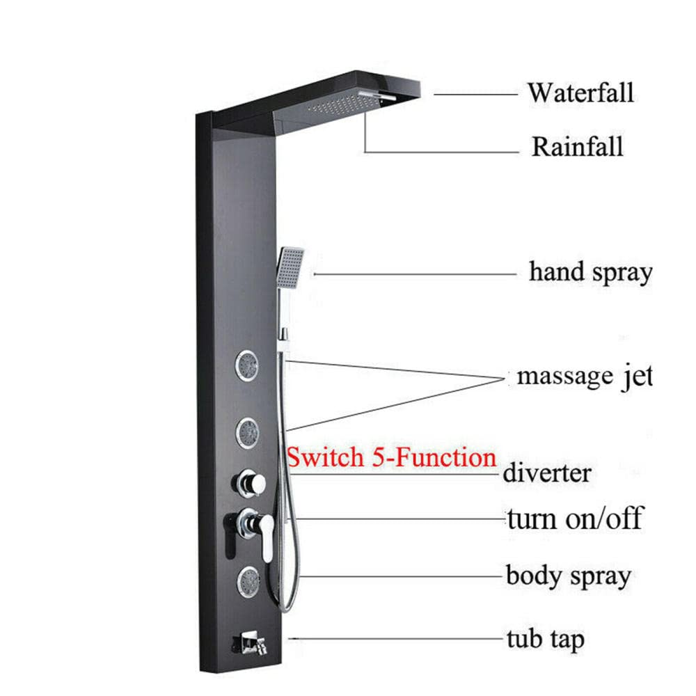 Black Rainfall Waterfall Combo Faucet Shower Panel Tower with Body Jets - Massage System for Luxury Bathroom Spa Experience