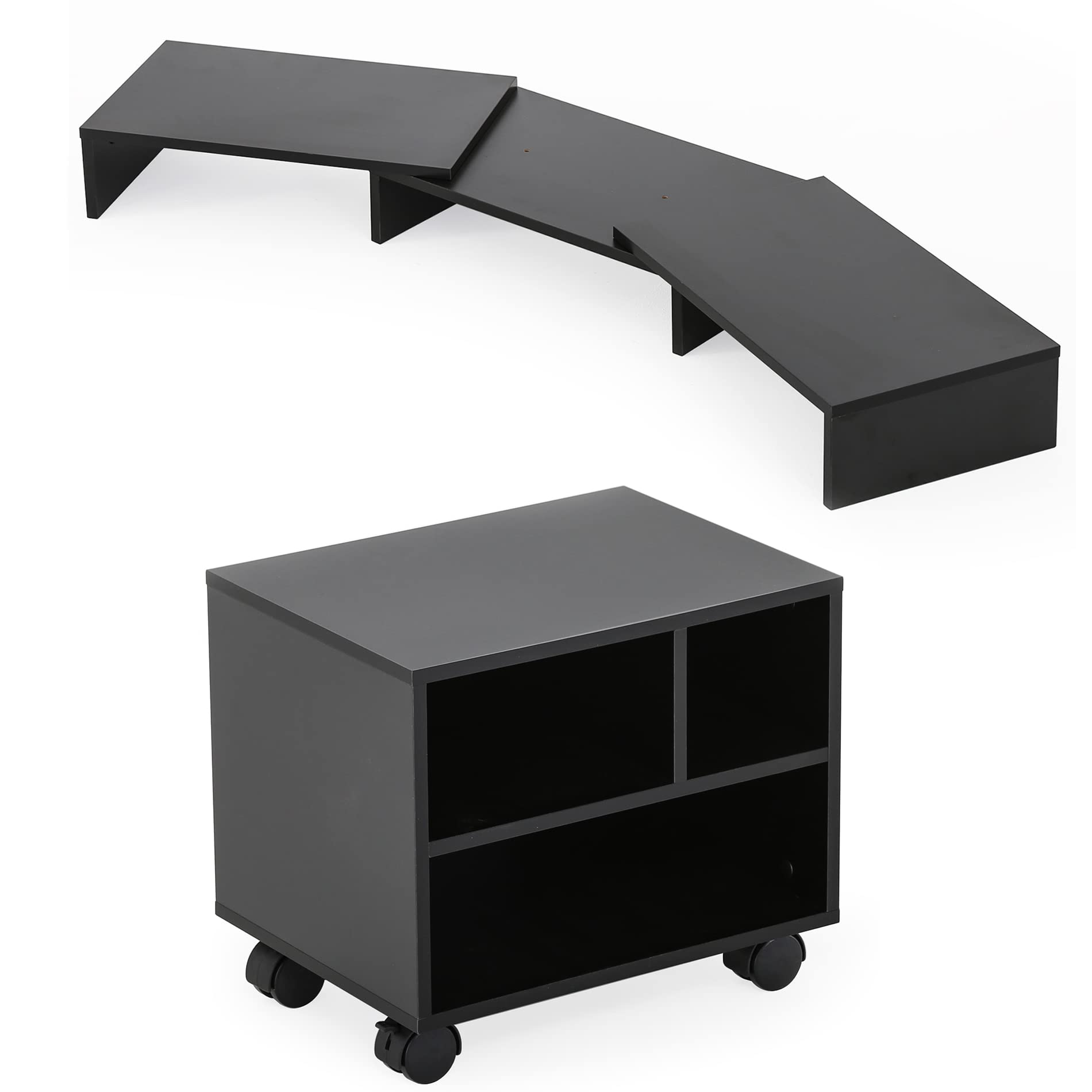 FITUEYES Black Wood Dual Monitor Stand with Under Desk Printer Cart - Adjustable Height for Home Office & Gaming Setup, Ergonomic Workspace Organizer for Desktops & Printers
