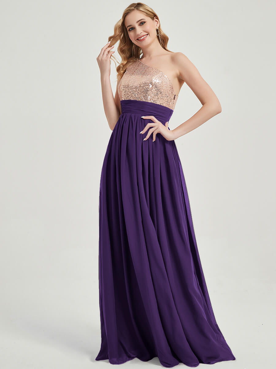 Elegant Dark Purple One Shoulder Sleeveless Chiffon Sequin Bridesmaid Dress for Weddings, Prom & Formal Events