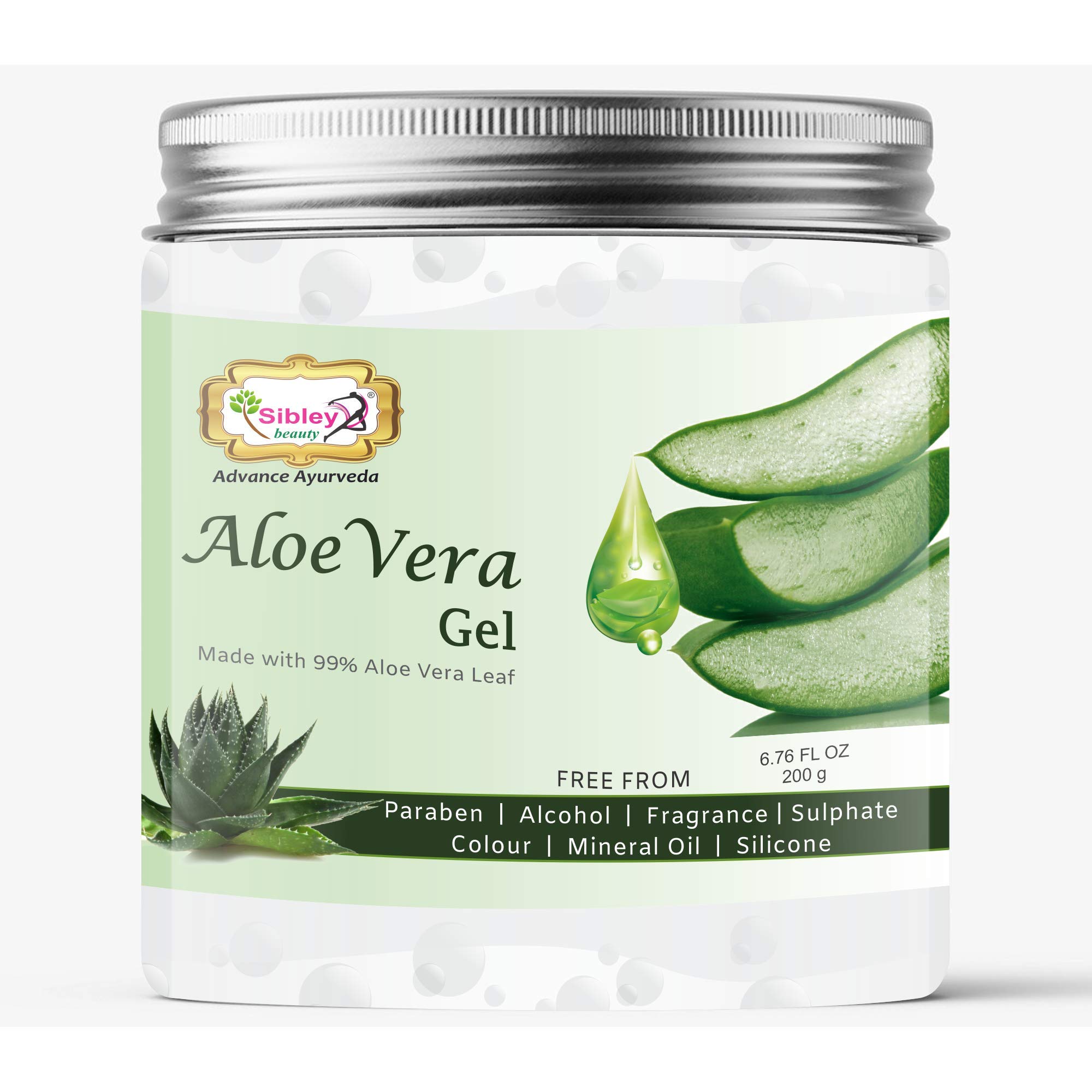Sibley Pure Aloe Vera Gel for Face & Hair - 200gm Pack | Natural Moisturizer for Dry Skin & Hair Care | Paraben & Sulfate Free | Perfect for Sunburn Relief, After-Sun Care & Scalp Hydration