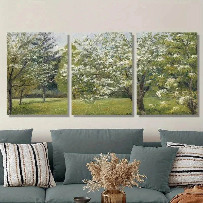 3-Piece Spring Apple Blossom Floral Wall Art Set - Metal Print Canvas Paintings Ready to Hang - Perfect for Living Room, Bedroom & Office Decor