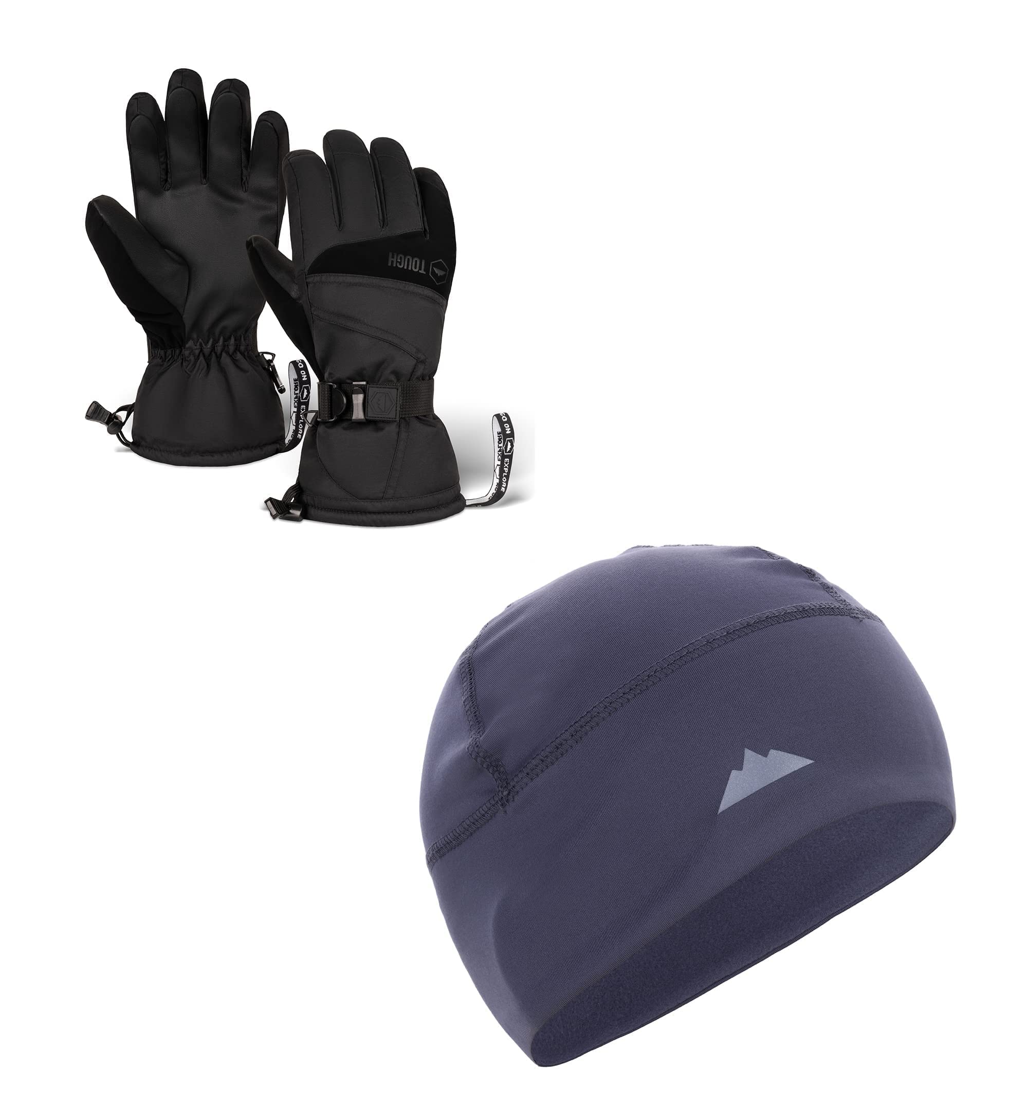 Dark Gray Skull Cap Helmet Liner & Waterproof Ski Gloves (Large) - Winter Cycling Hat & Snow Gloves Set for Men & Women - Perfect for Biking, Skiing & Snowboarding Adventures