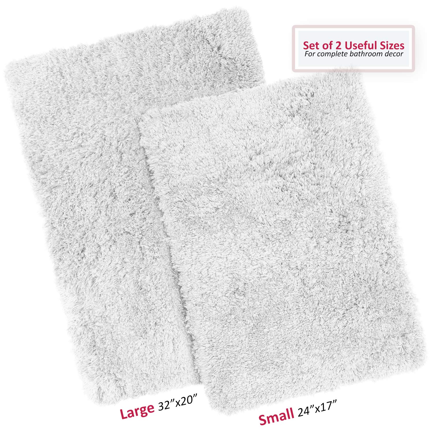 Clara Clark Ultra Soft Shaggy Bathroom Rugs - Non-Slip Machine Washable Bath Mats Set of 2, White Plush Bath Rugs for Bathroom Floor - Perfect for Master Bath, Guest Bath & Spa-Like Shower Experience