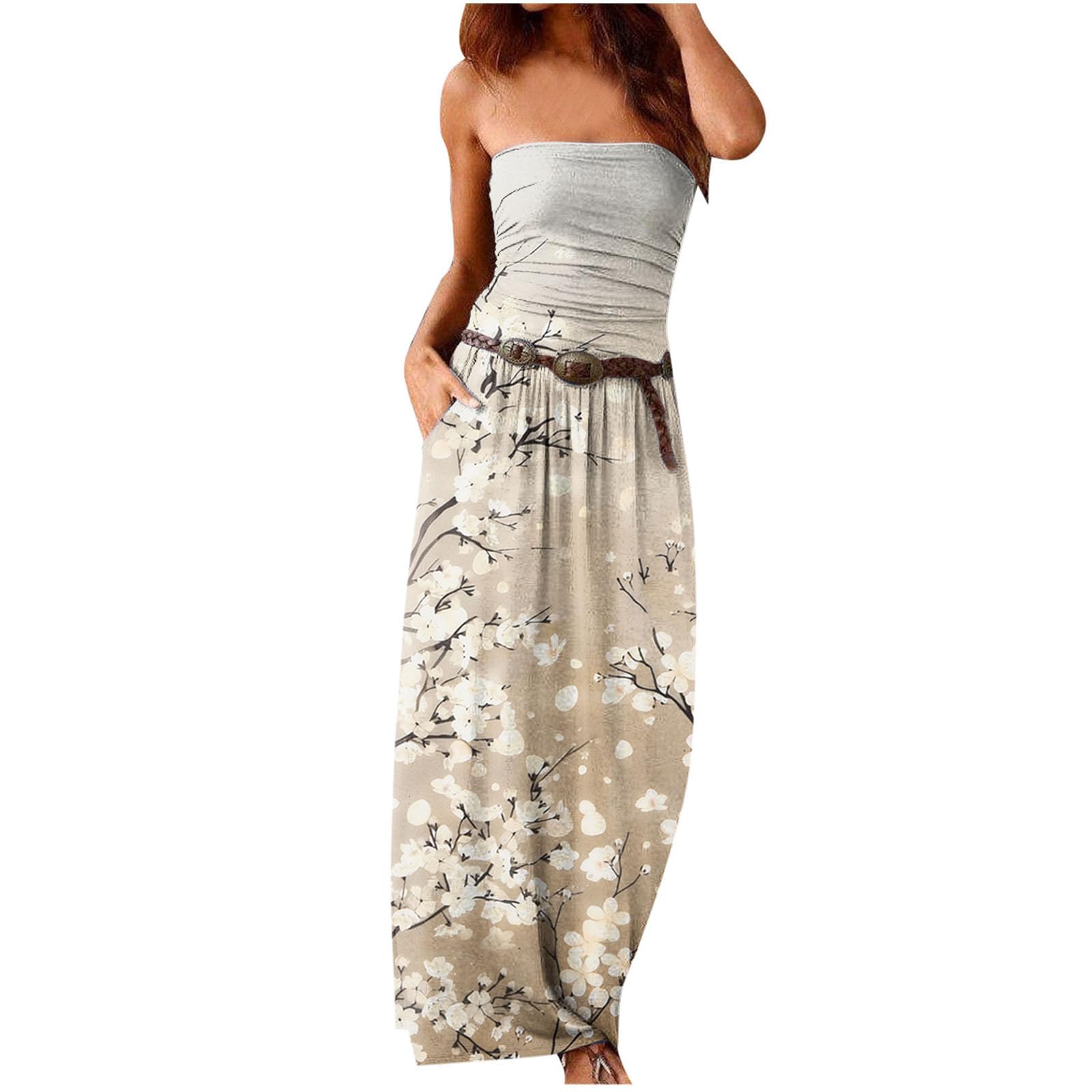 Strapless Floral Maxi Dress for Women - Summer Boho Sundress with Pockets | Beach & Party Wear
