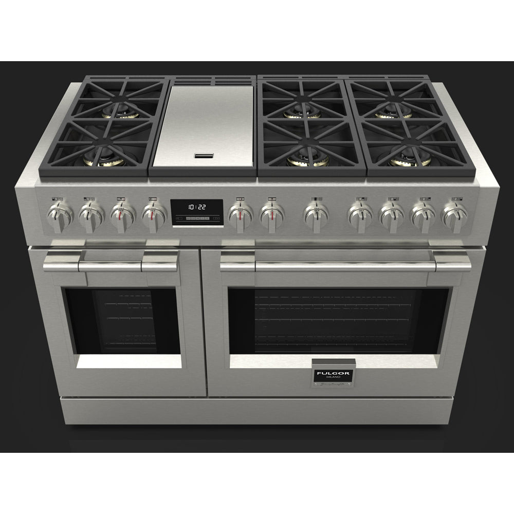 Fulgor Milano 48 Inch 600 Series Professional All Gas Range with 6 Burners & Stainless Steel Trilaminate Griddle - Perfect for Commercial Kitchens & Home Chefs (Model F6PGR486GS2)