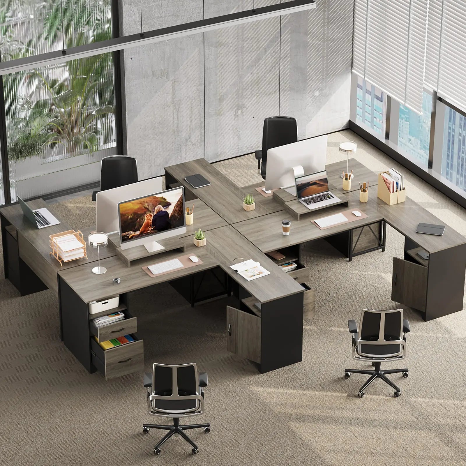 Bestier L-Shaped Computer Desk with File Drawers - Home Office Workstation for Gaming & Study, Space-Saving Corner Desk with Storage