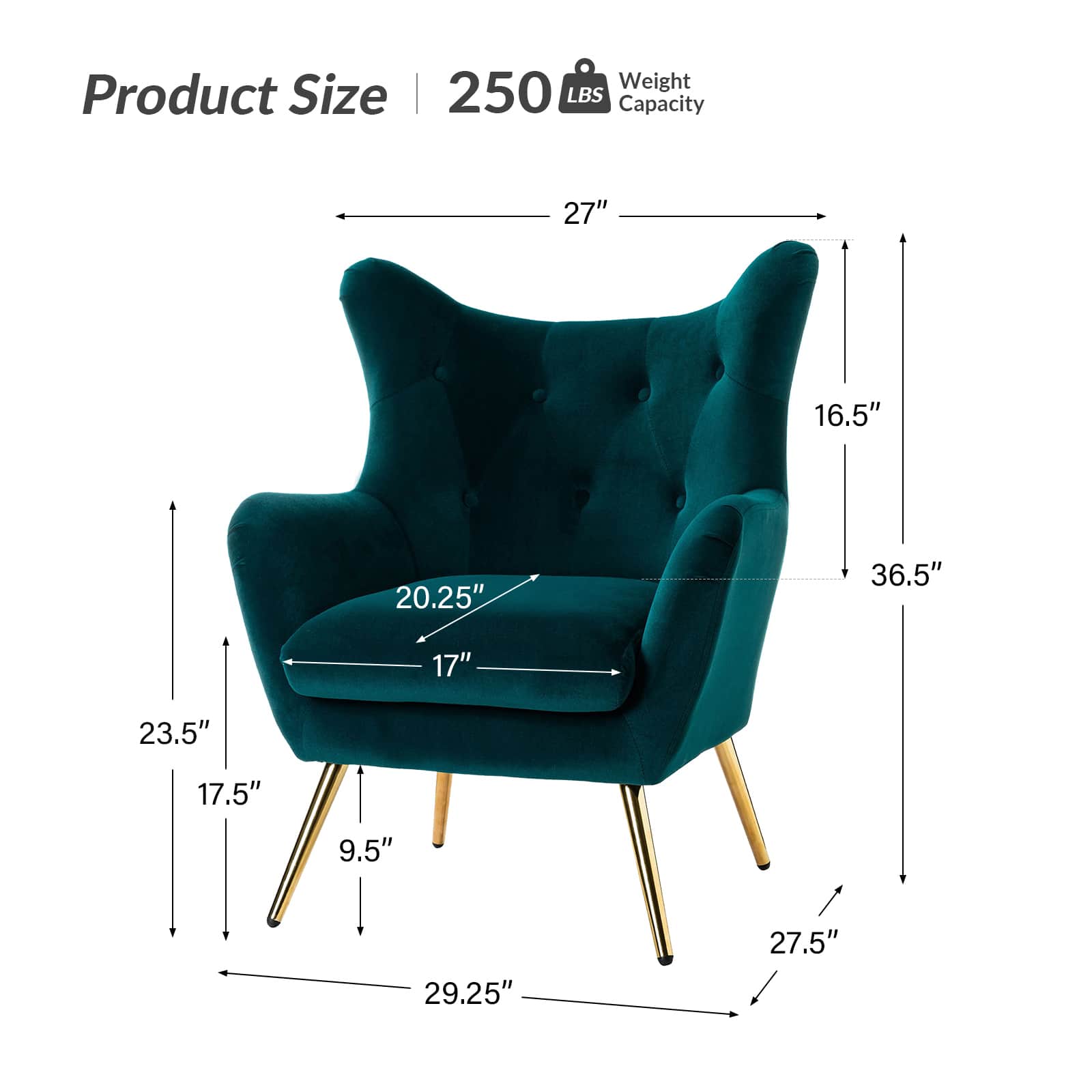 Luxury Isabelle Wingback Velvet Upholstered Armchair - High Back Accent Chair with Sturdy Metal Legs for Living Room, Bedroom & Office Decor