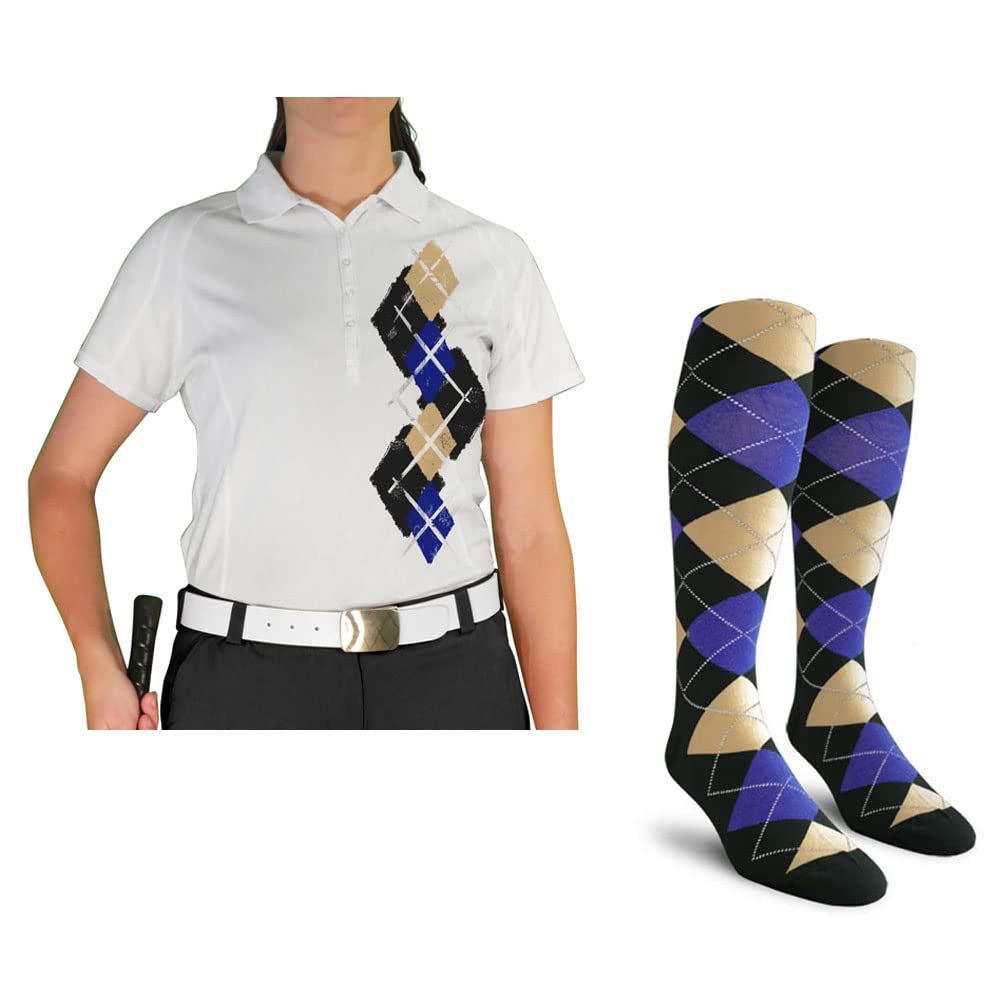 Dry Fit Short Sleeve Graphic Golf Polo Shirt with Socks for Women - Argyle Paradise (4A-4Z) | Moisture Wicking Performance Top & Comfy Socks Set | Perfect for Golf, Tennis & Casual Summer Outfits