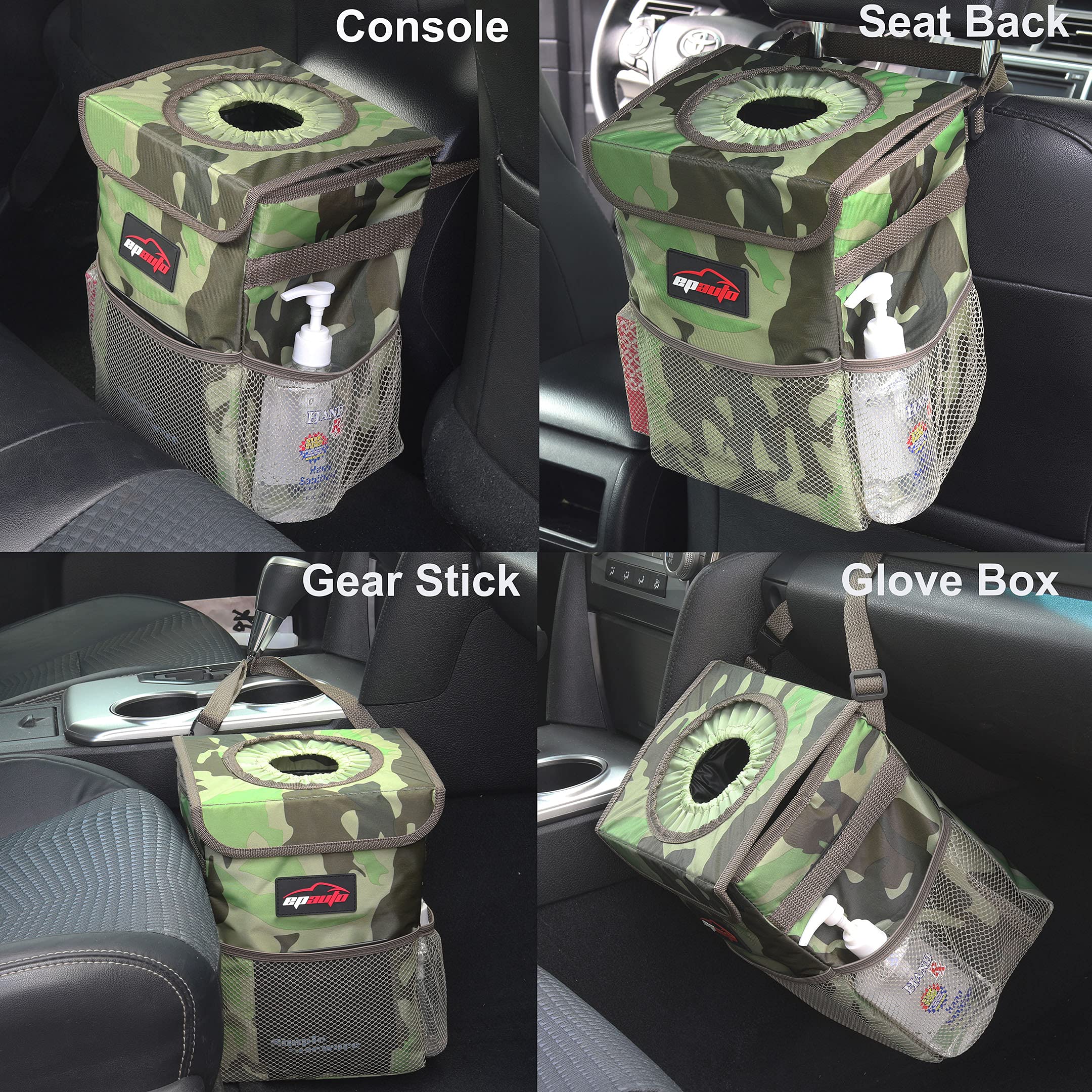 EPAuto Waterproof Car Trash Can with Lid & Storage Pockets - Camouflage Green - Perfect for Road Trips, Camping & Vehicle Organization