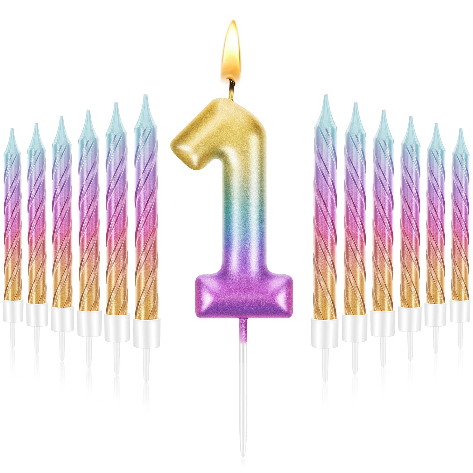 2.7 Inch Rainbow Number 1 Birthday Candles - Pack of 12 Spiral Candles for Baby's First Birthday, Anniversary & Wedding Cake Toppers - Perfect for Baby Girl & Boy Birthday Parties, Gender Reveals & Special Celebrations