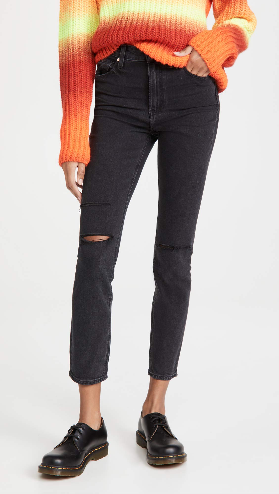 PAIGE Women's Sarah High Rise Slim Fit Straight Leg Crop Jean - Black ACE Destructed (Size 31) | Comfortable Stretch Denim Pants for Casual Wear & Everyday Outfits