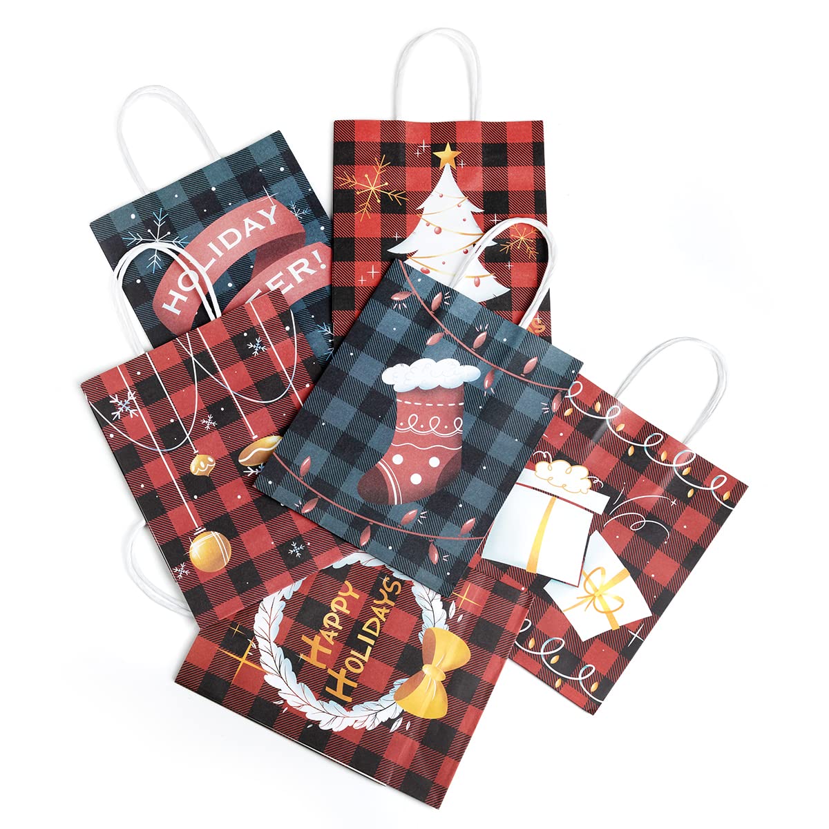 JOYIN 24-Piece Christmas Buffalo Plaid Gift Bags Set - 6 Festive Designs with Sturdy Handles for Holiday Parties, Candy Treats & Gift Wrapping | Perfect for Christmas Celebrations, Office Exchanges & Stocking Stuffers
