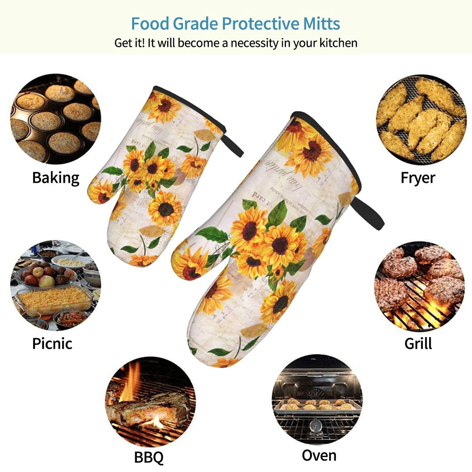 Vintage Yellow Sunflower Oven Mitts - Heat Resistant, Non-Slip & Waterproof Kitchen Gloves with Soft Cotton Lining for Cooking, Baking, BBQ - Perfect for Grilling, Baking Cookies, and Handling Hot Pots (2-Pack)