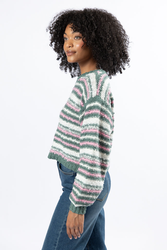 Stylish Green Multi-Striped Popcorn Knit Sweater for Women - Cozy Fall & Winter Fashion - Perfect for Casual Outings, Coffee Dates, and Weekend Getaways