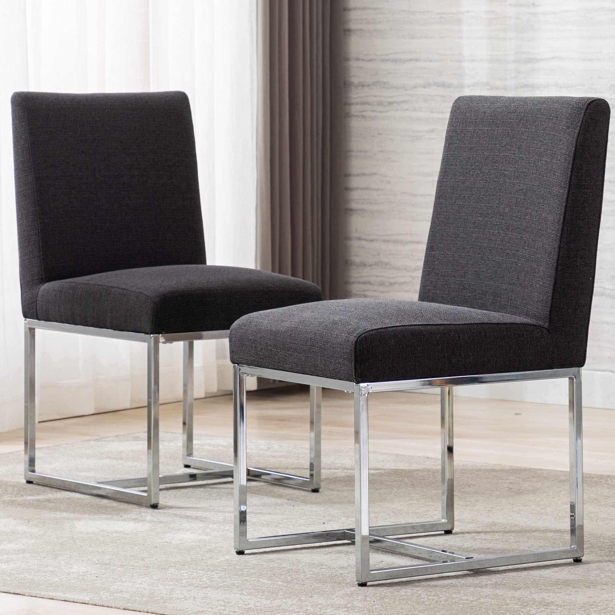 VESCASA Mid Century Modern Dining Chairs Set of 2 - Linen Upholstered Padded Chairs with Chrome Metal Frame - Comfortable Restaurant & Home Furniture for Dining Room, Kitchen, Living Room - Charcoal Gray