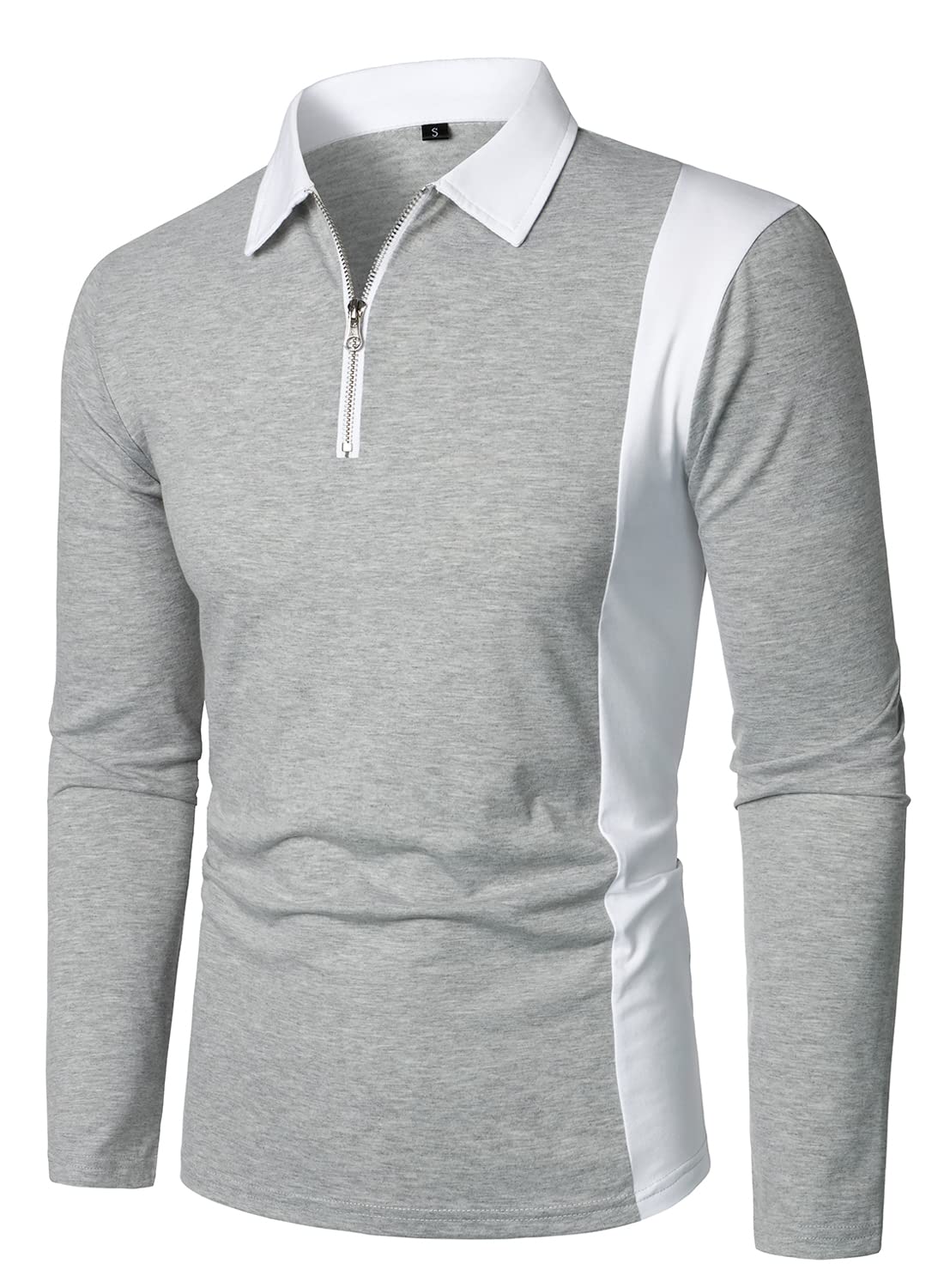 Men's Long Sleeve Polo Shirt with Color Block Design & Front Zipper - Casual Crew Neck T-Shirt for Work, Golf & Everyday Wear