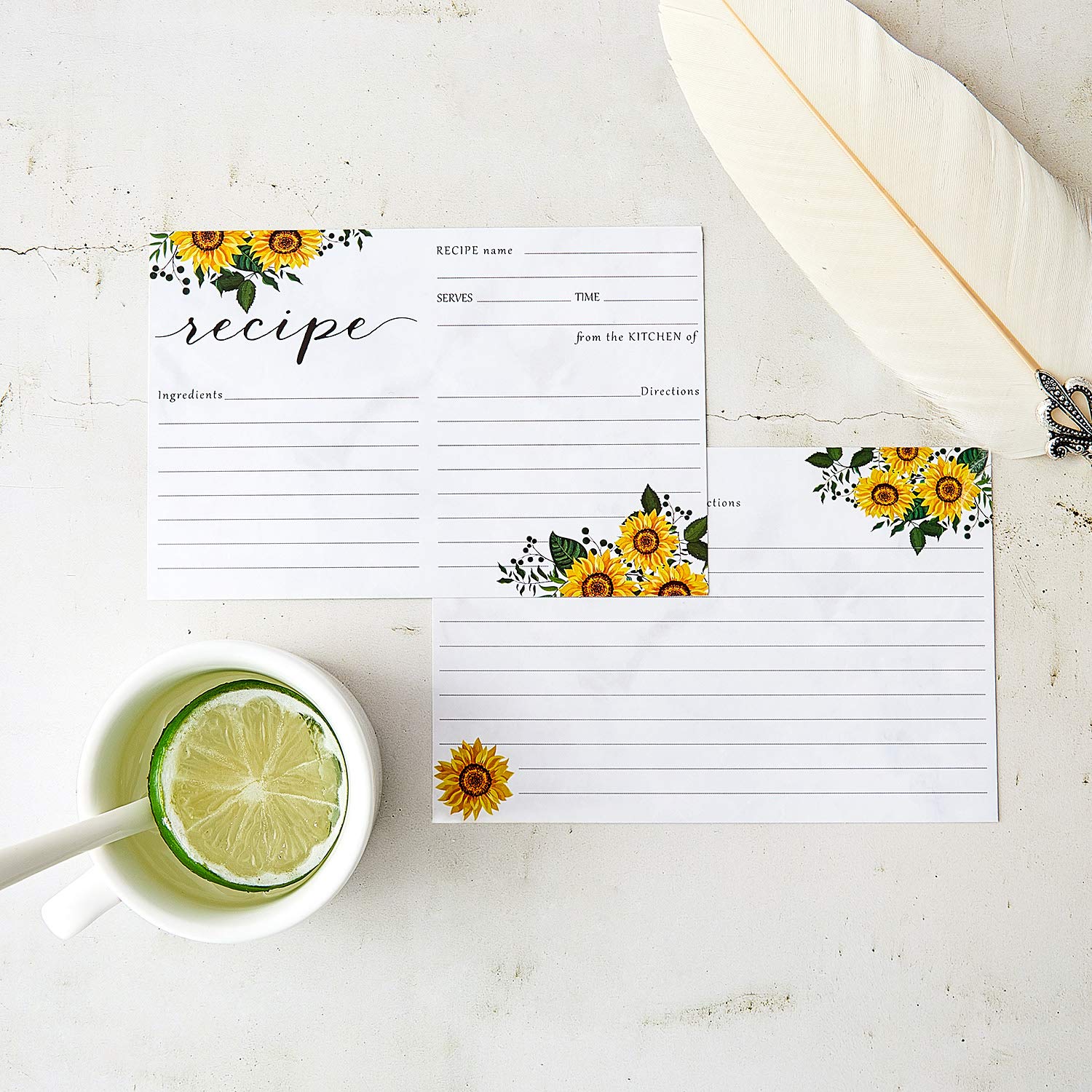 Sunflower Recipe Cards - Floral Double-Sided Kitchen Recipe Cards for Cooking & Baking - Perfect for Weddings, Bridal Showers & Home Organization (50-Pack)
