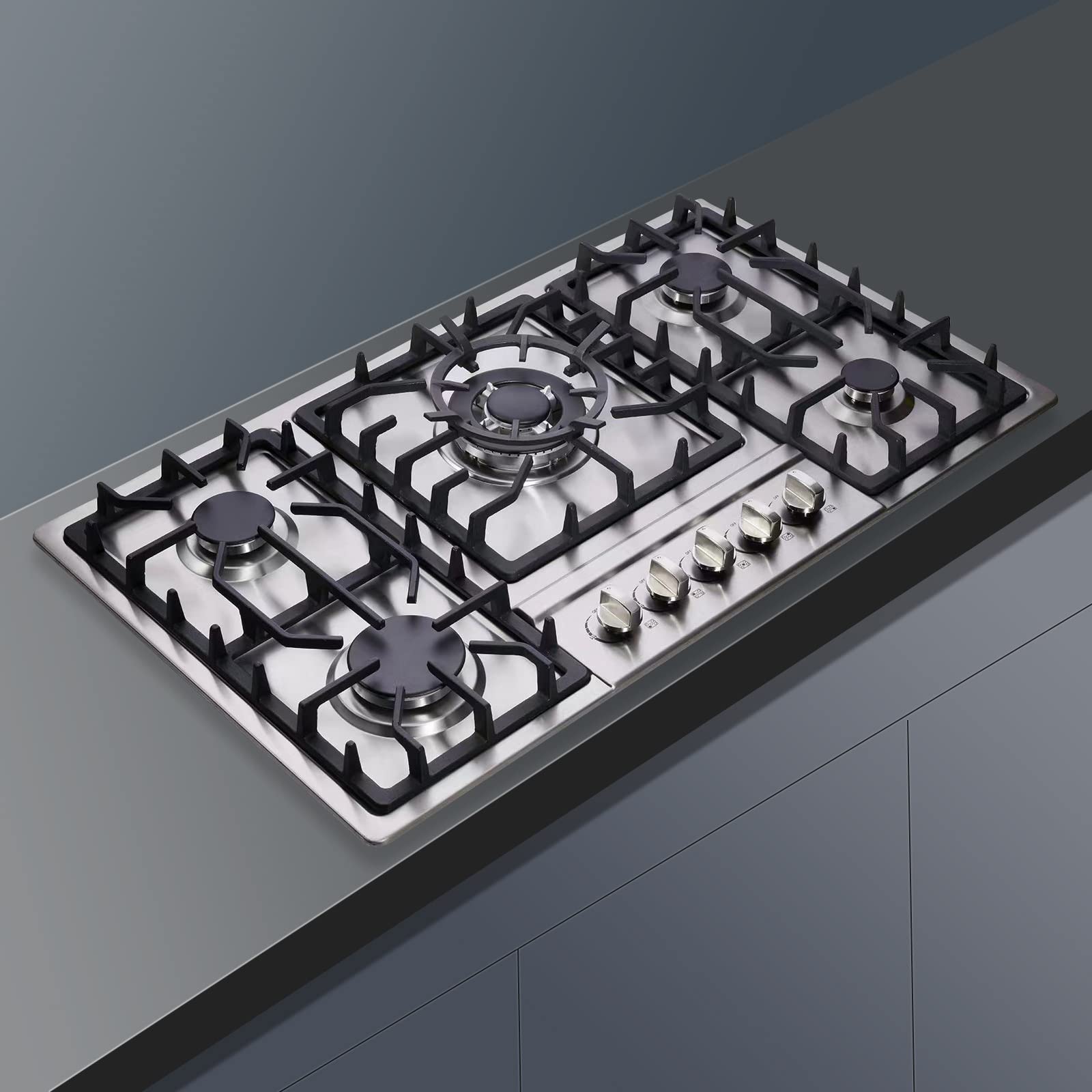 34 Inch Stainless Steel Built-In 5 Burner Gas Cooktop - LPG/NG Convertible Dual Fuel Stovetop for Professional Cooking | DM5808 | Perfect for Home Kitchens, Restaurants & Outdoor Catering