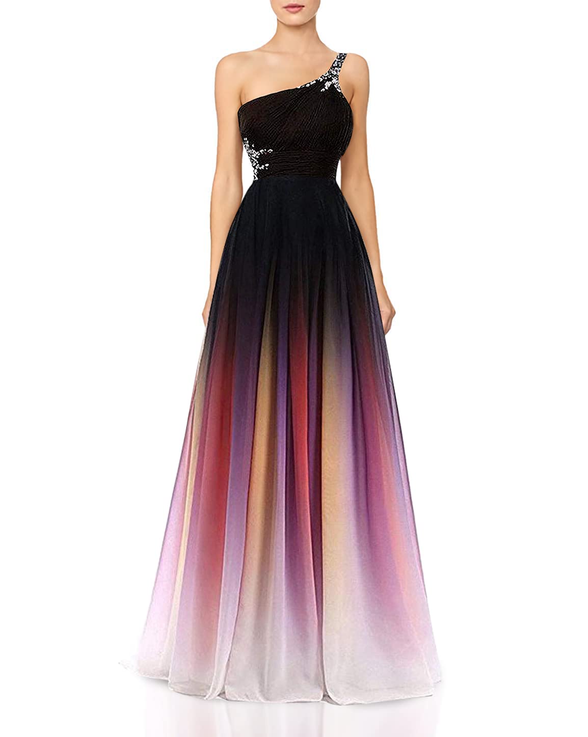 ZVOCY Ombre Chiffon Prom Evening Dresses for Women - One Shoulder Long Bridesmaid Dress Formal Gown for Weddings, Parties & Special Occasions