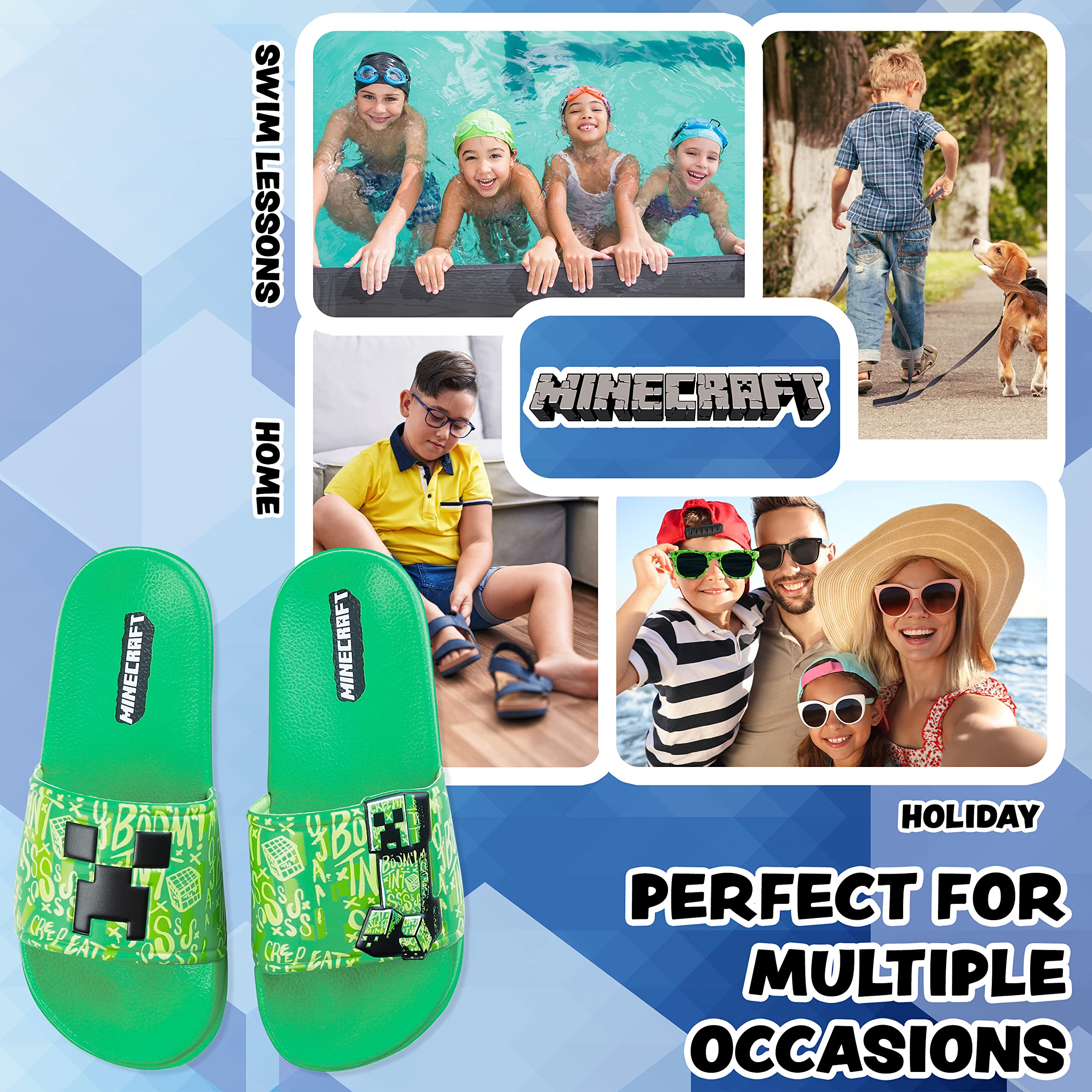 Minecraft Boys Slides & Flip Flops - Comfortable Beach & Pool Sandals for Kids - Perfect Summer Gifts for Boys - Great for Swimming, Vacation & Outdoor Play
