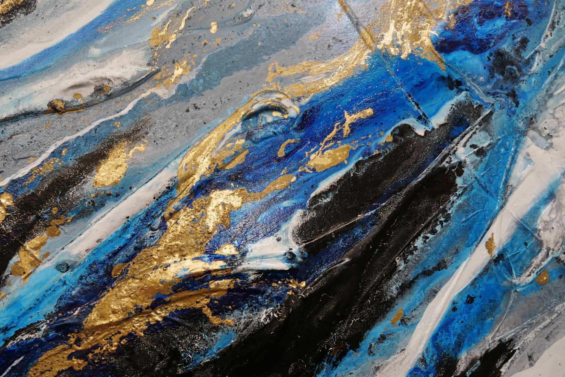 Golden Blue Silk 190cm x 100cm Abstract Textured Painting - Blue Gold Grey Modern Wall Art for Living Room, Bedroom & Office Decor