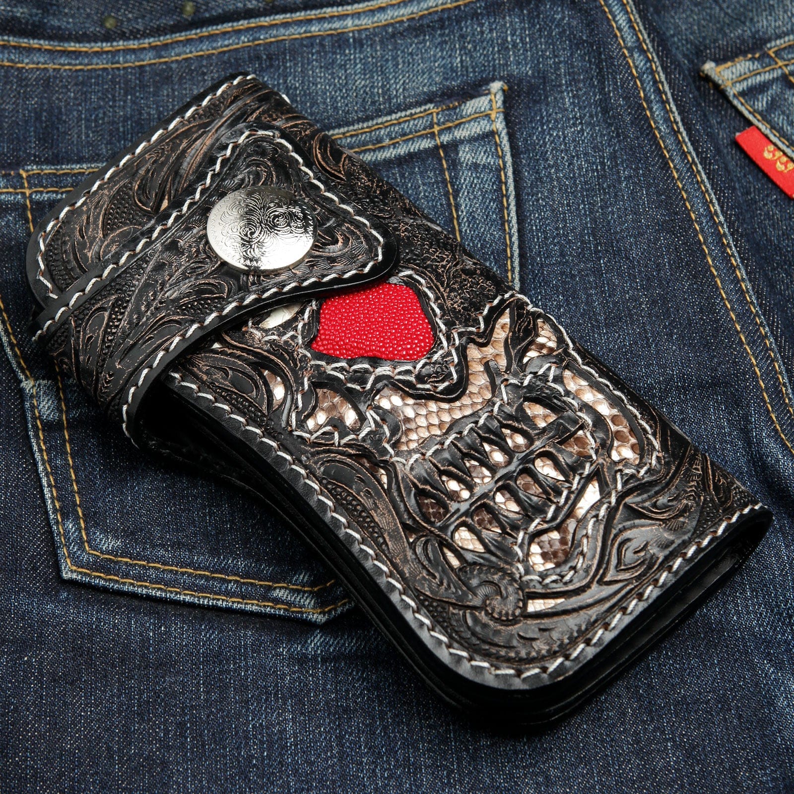 Skull Carved Genuine Leather Large Biker Wallet for Men - Premium Motorcycle Wallet with RFID Protection - Perfect for Bikers, Riders & Motorcycle Enthusiasts