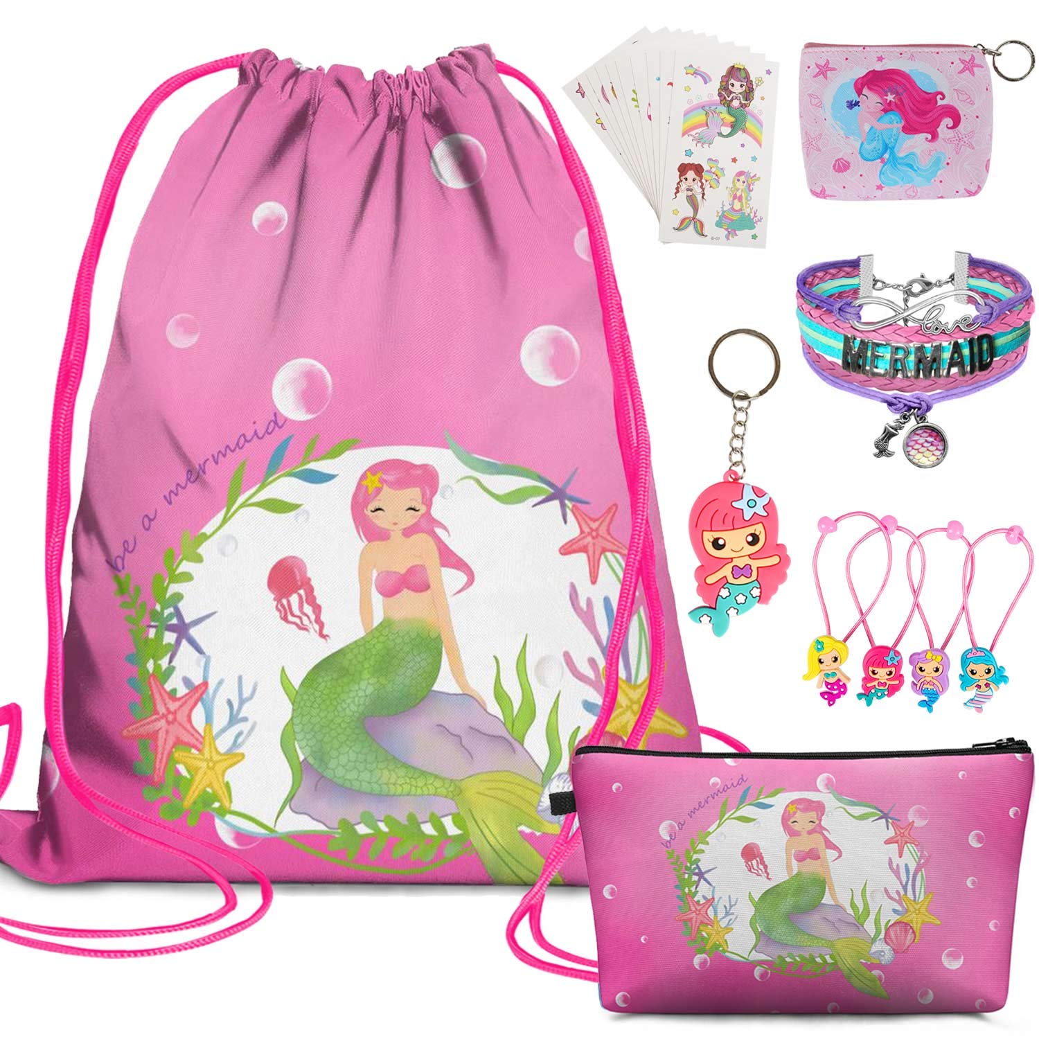 7 PCS Mermaid Birthday Gift Set for Girls - Mermaid Drawstring Backpack, Makeup Bag, Sticker, Keychain, Hair Ties, Coin Purse | Perfect for Birthday Parties, Themed Events & Mermaid Lovers