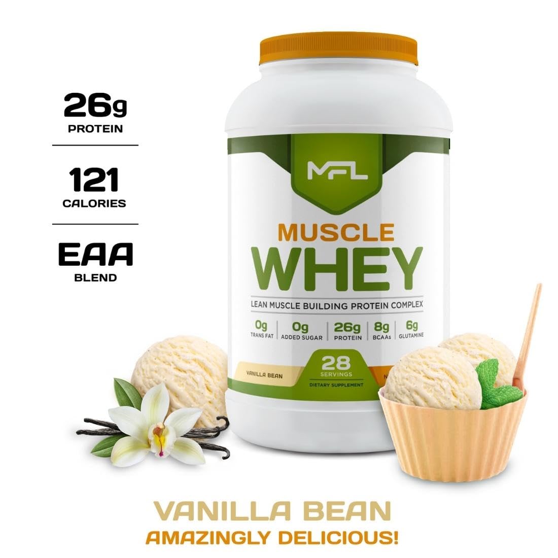 MFL Muscle Whey Protein Powder - 28g Protein, 8g BCAAs, Keto & Low Carb Friendly - 2lb Vanilla Bean Flavor for Post-Workout Recovery & Muscle Building