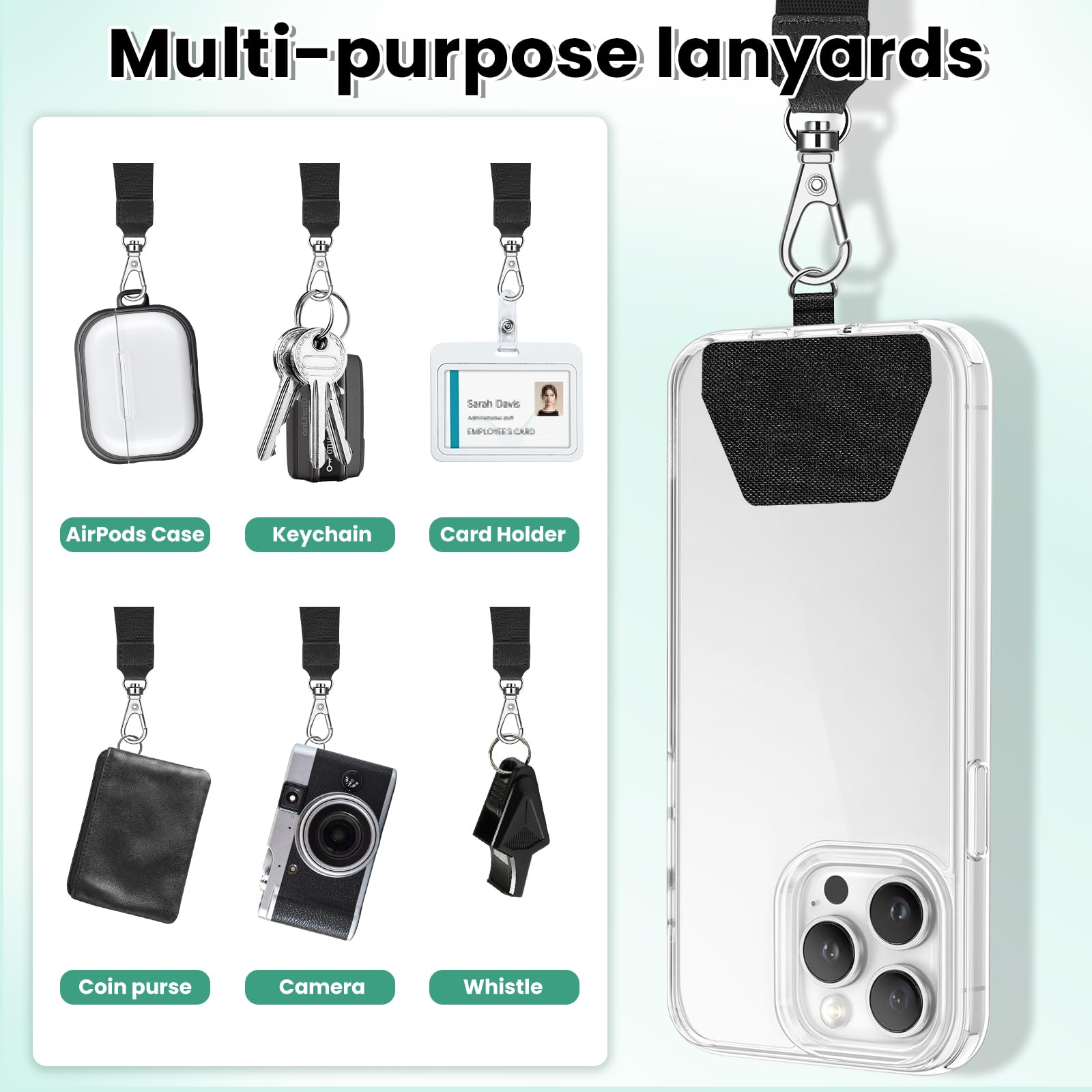 Adjustable Phone Lanyard Neck & Wrist Strap with 4 Patches - for Smartphones (Black) - Perfect for Work & Travel