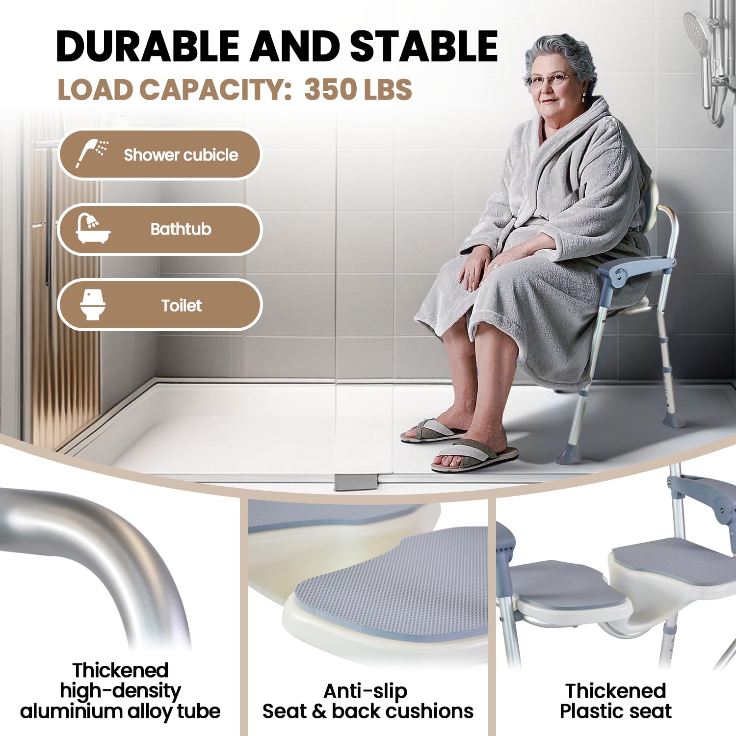 Adjustable Folding Shower Chair with Non-Slip Feet - 5 Height Levels, Sturdy U-Shaped Design for Elderly, Disabled & Pregnant Women - Ideal for Bathroom Safety, Assisted Washing & Home Care Use