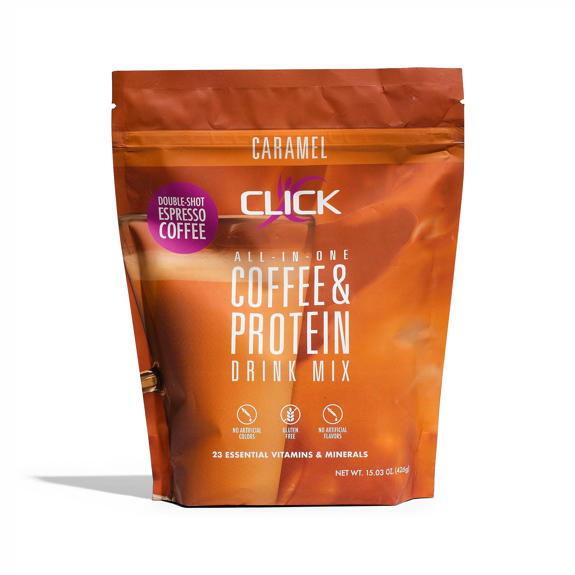 Click Coffee Protein Powder - Double Shot Espresso with 16g Protein & 23 Vitamins | Low Calorie Meal Replacement Shake | 150mg Caffeine | Gluten Free, No Artificial Flavors or Colors | Caramel Flavor | Perfect for Post-Workout Recovery & Morning Energy Boost